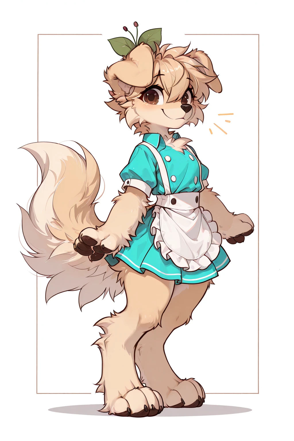 digital media \(artwork\), (masterpiece, high quality, best quality, 8k uhd, absurd res, very aesthetic, newest),waitress outfit, <lora:Berri-Illus:0.7>, golden retriever, female, anthro, tan body, tan fur, plant on head, brown eyes, bangs, dog girl, canine, cheek tuft, floppy ears, paws, solo, <lora:Mega_Fluffy_IL:0.9> megafluffy, (fluffy), furry,