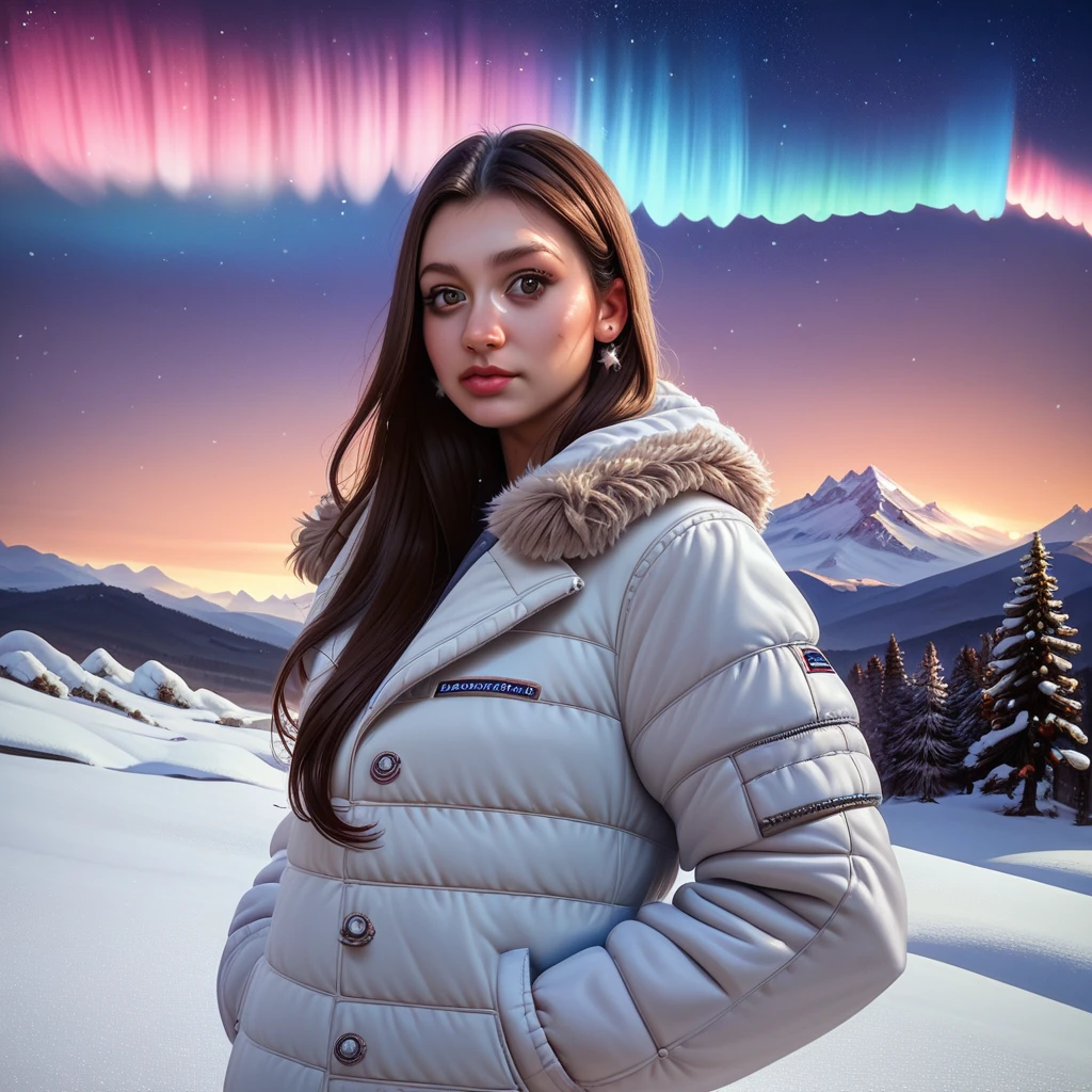 score_9, score_8_up, score_7_up, PolinaT, 1girl, solo, snow, hands in pockets, sky, star (sky), long hair, brown hair, mountain, winter clothes, outdoors, starry sky, tree, jewelry, coat, night, earrings, winter, brown eyes, lips, night sky, realistic, aurora, winter coat, looking at viewer, pine tree, house, fur trim