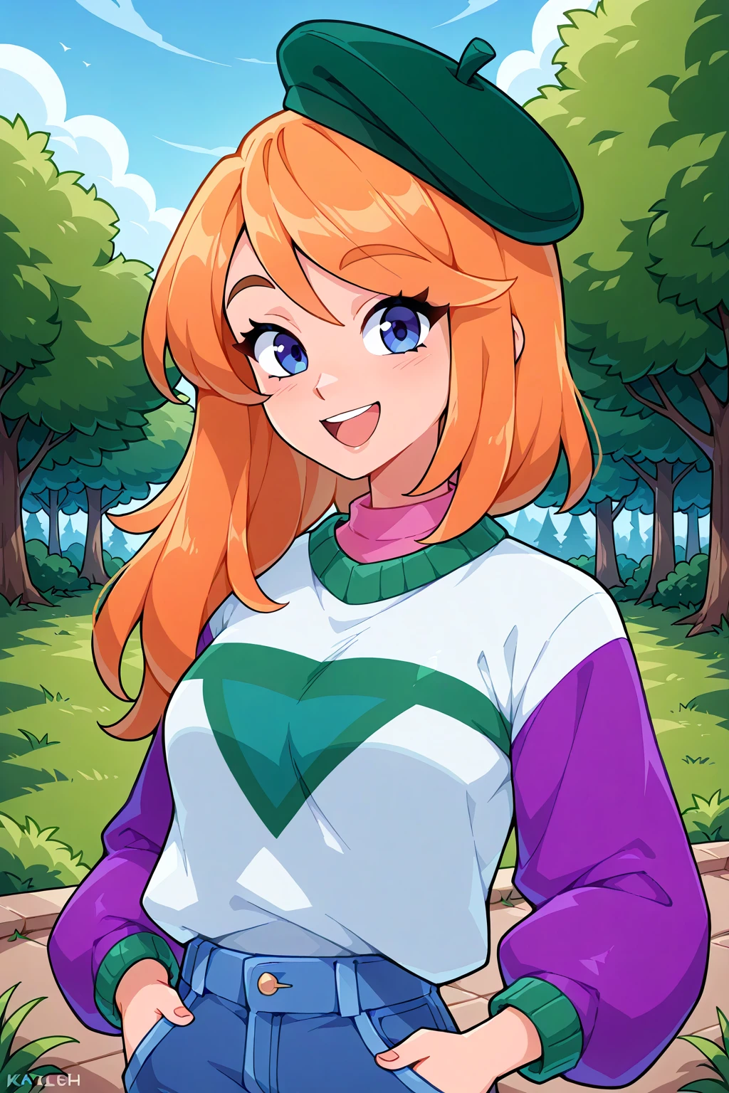 <lora:Kayleigh Illustrious:0.6>, kayleigh, looking at viewer, smile, :d, medium breasts, white sweater, pink shirt, shirt under sweater, purple sleeves, beret, jeans, hands in pockets, green headwear, outdoors, sweater tucked in, 1girl, solo, nature