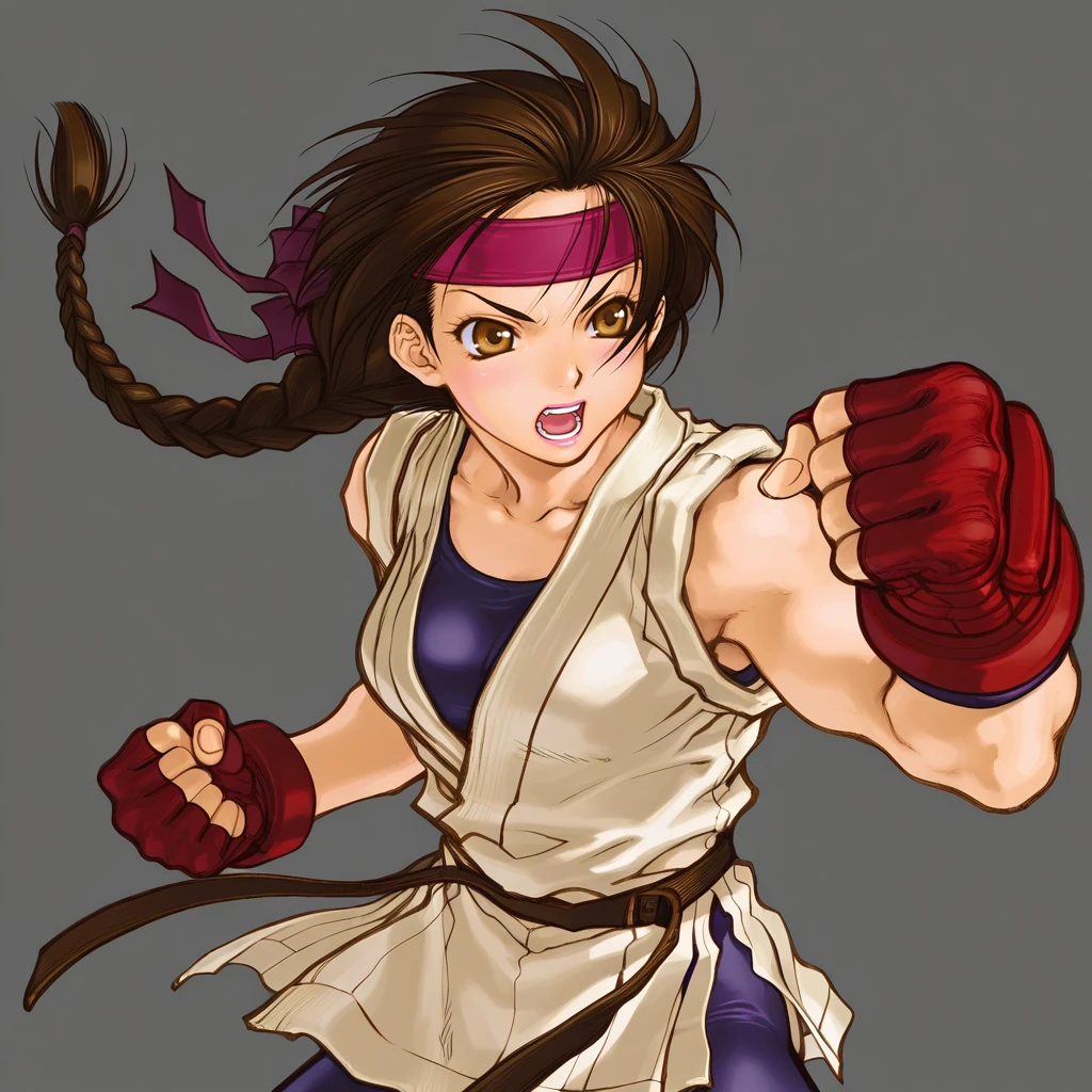 1girl masterpiece,best quality, very aesthetic, absurdres, amazing quality, high resolution, ultra-detailed, absurdres, volumetric lighting, newest, foreshortening, looking_at_viewer, toned, from_above, simple_background, white_background,
<lora:Kita_Senri_-__Art_Style:1> Kita,kita senri,BREAK
<lora:illustrious_XL_yuri:1> sakazaki ,braid,dougi,collarbone,sleeveless,fingerless gloves,martial arts belt,spandex,fighting stance,clenched hands,