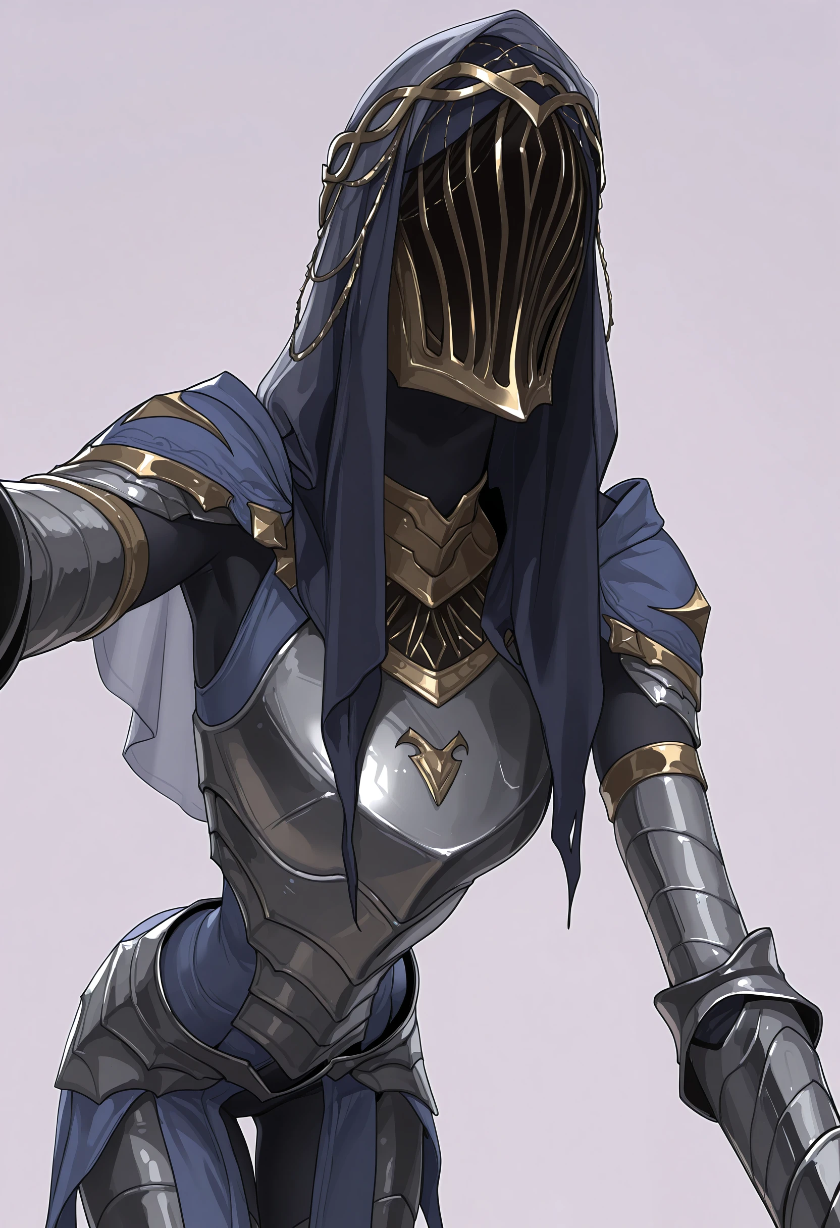 masterpiece, best quality, amazing quality, very aesthetic, absurdres, newest, <lora:DancerDS3ILf:0.9> dbvilf, 1girl, armor, shoulder armor, gauntlets, veil, blue hood, colored skin, long limbs, upper body, bent over, from below, reaching for viewer,
light purple background, simple background,