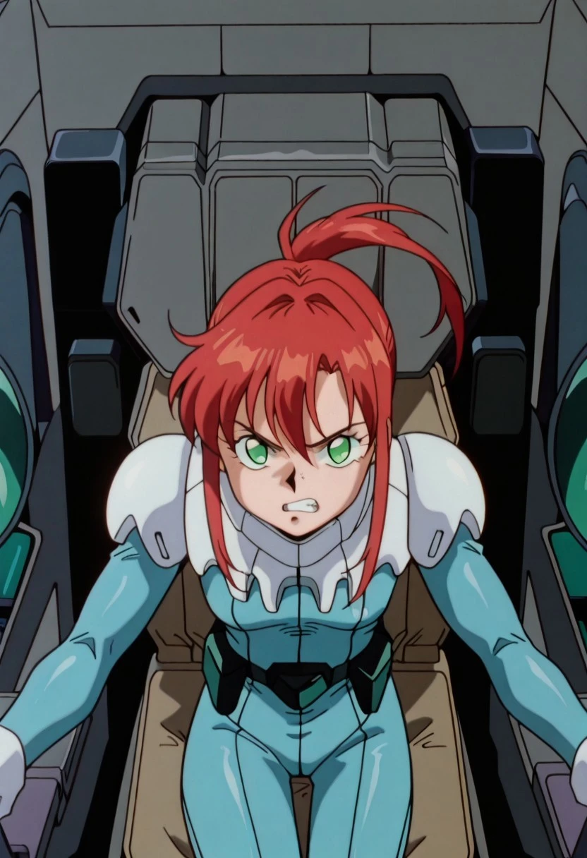 official art, masterpiece, best quality, absurdres, very aesthetic, 1girl, female focus, solo, AWGXS, anime screenshot, retro artstyle,1990s (style), cel animation, 1girl, female focus, solo, alma_CF, red hair, short hair with long locks, bangs, sidelocks, floating hair, ponytail, green eyes, small breasts, normal suit, pilot suit, mecha pilot suit, utility belt, white gloves, cowboy shot, straight-on, cockpit, leaning forward, serious expression, clenched teeth,, sitting, (from below:0.25)