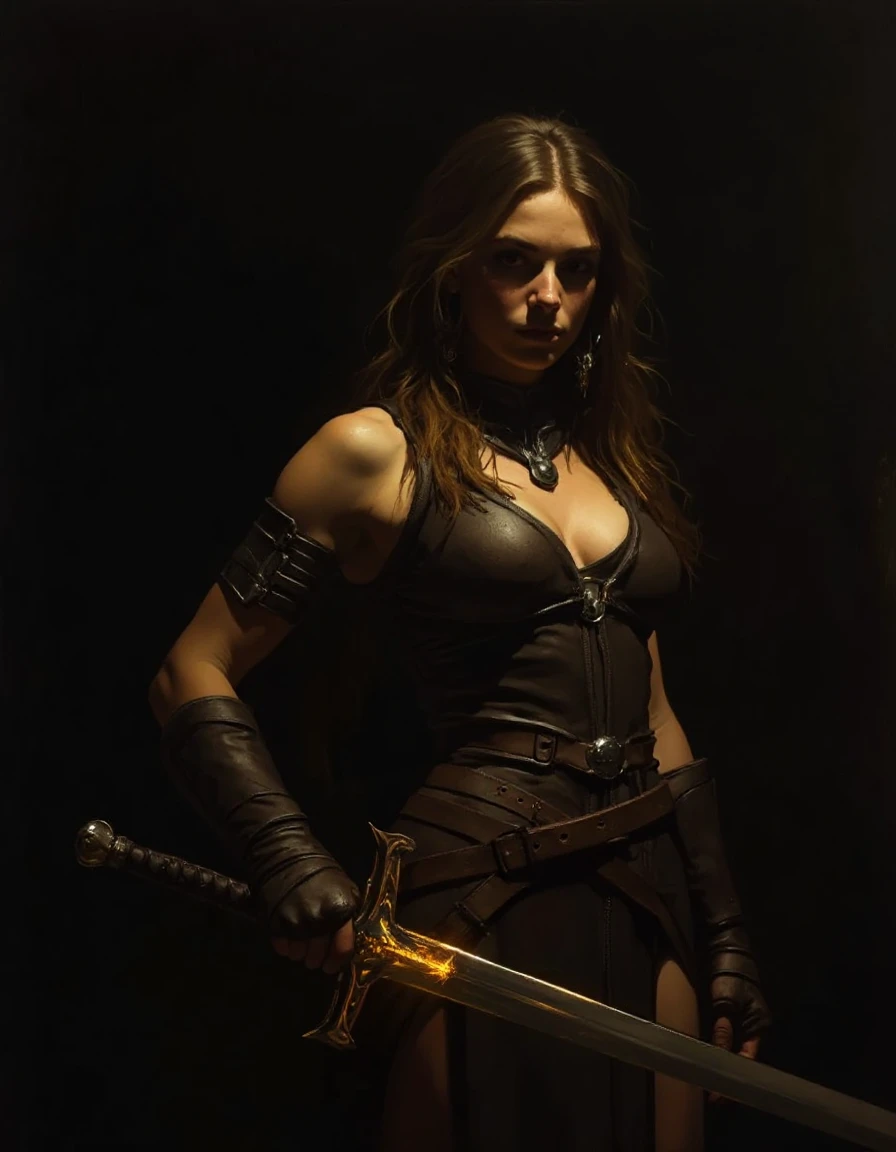 fantasy painting of a female warrior-woman in minimal revealing leather armor and holding glowing sword. Dark environment with strong chiaroscuro lighting