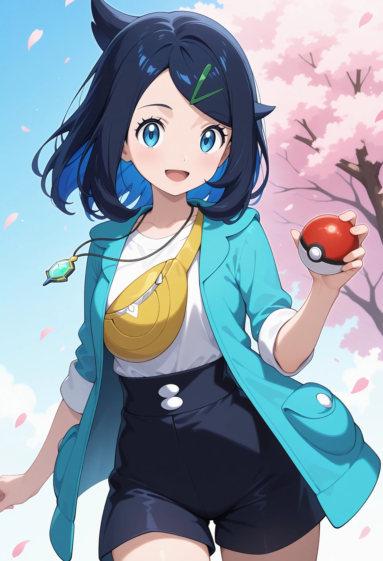 best quality, good quality, amazing quality, very aesthetic, absurdres, masterpiece, 1girl, aaliko, medium hair, black hair, colored inner hair, hairclip, blue eyes, collarbone, necklace, white shirt, fanny pack, blue jacket, open jacket, sleeves rolled up, high-waist shorts, black shorts, <lora:liko_(pokemon)_ilxl_v1:0.9>, standing, cowboy shot, holding poke ball, smile, open mouth, petals,