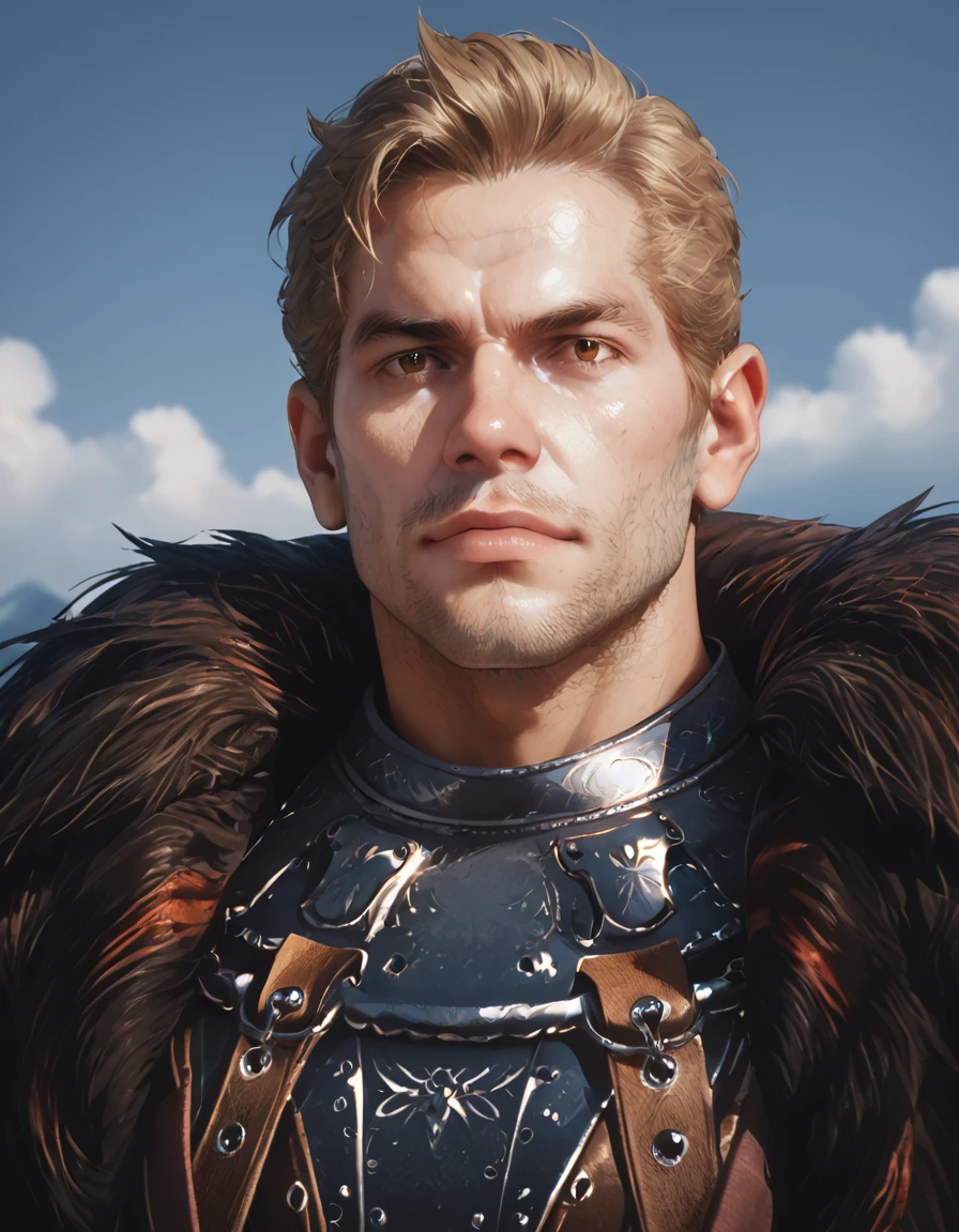 score_9, score_8_up, score_7_up, score_6_up, score_5_up, male focus, <lora:DAI_-_Cullen_-_Pony_4:0.8>, cullen_rutherford, brown eyes, 1boy, fur-trimmed cloak, pauldrons, breastplate, portrait, looking at viewer, outdoors, muscular, close-up, realistic