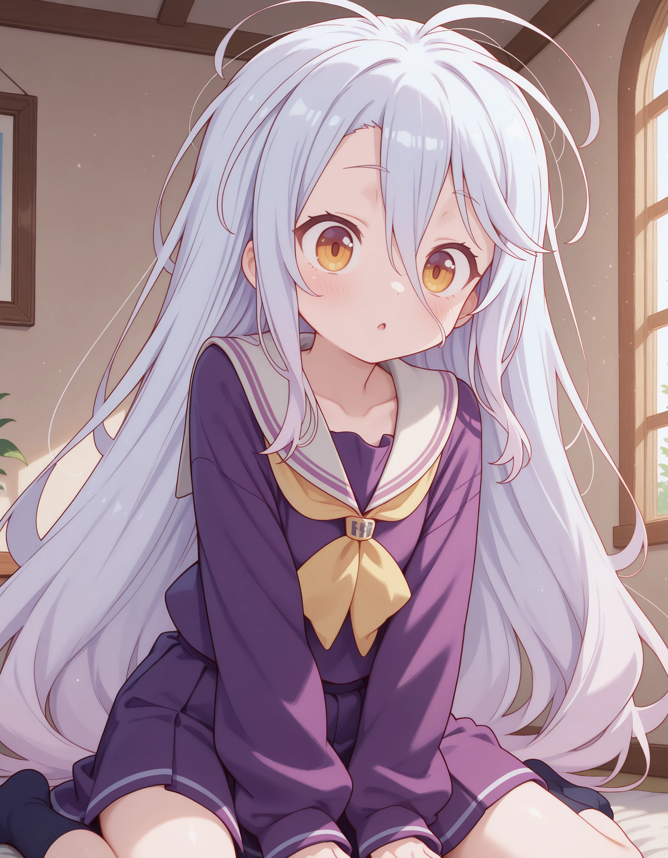 1girl, shiro_ngnl, pale skin, very long messy white hair, pale blue hair, yellow red eyes, purple sailor uniform, looking at the vaiewer, wariza, :o, (clothed, ultra kawaii), hdr, low contrast,
masterpiece, best quality, absurdres, masterpiece, highres, perfect anatomy, anime style, anime screenshot, 8k wallpaper, ultra high quality, (extremely detailed cg), perfect lighting, (sharp image), dynamic angle