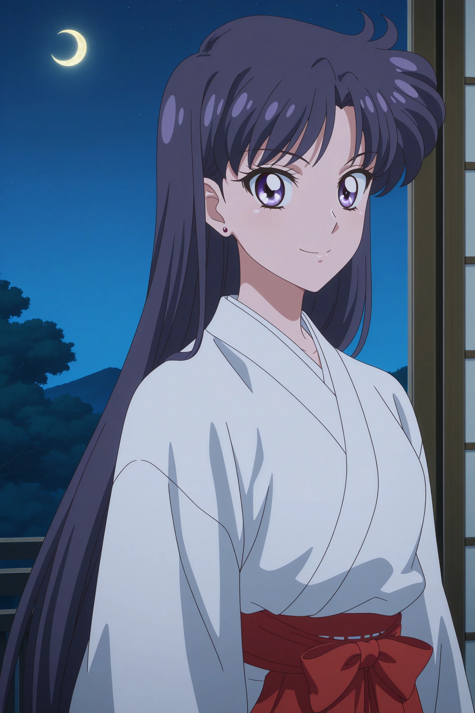 masterpiece, best quality, amazing quality, highres, absurdres, very aesthetic, high resolution, ultra detailed, perfect details, 1girl, solo, night, indoors, shinto, crescent moon, hino rei, long hair, purple hair, purple eyes, stud earrings, japanese clothes, miko, long sleeves, wide sleeves, hakama, hakama pants, <lora:Rei_Hino_ILXL:0.8>, (aged up:1.5), (upper body:1.5), smile, looking at viewer, (anime screencap:1.5), (anime coloring:1.5)