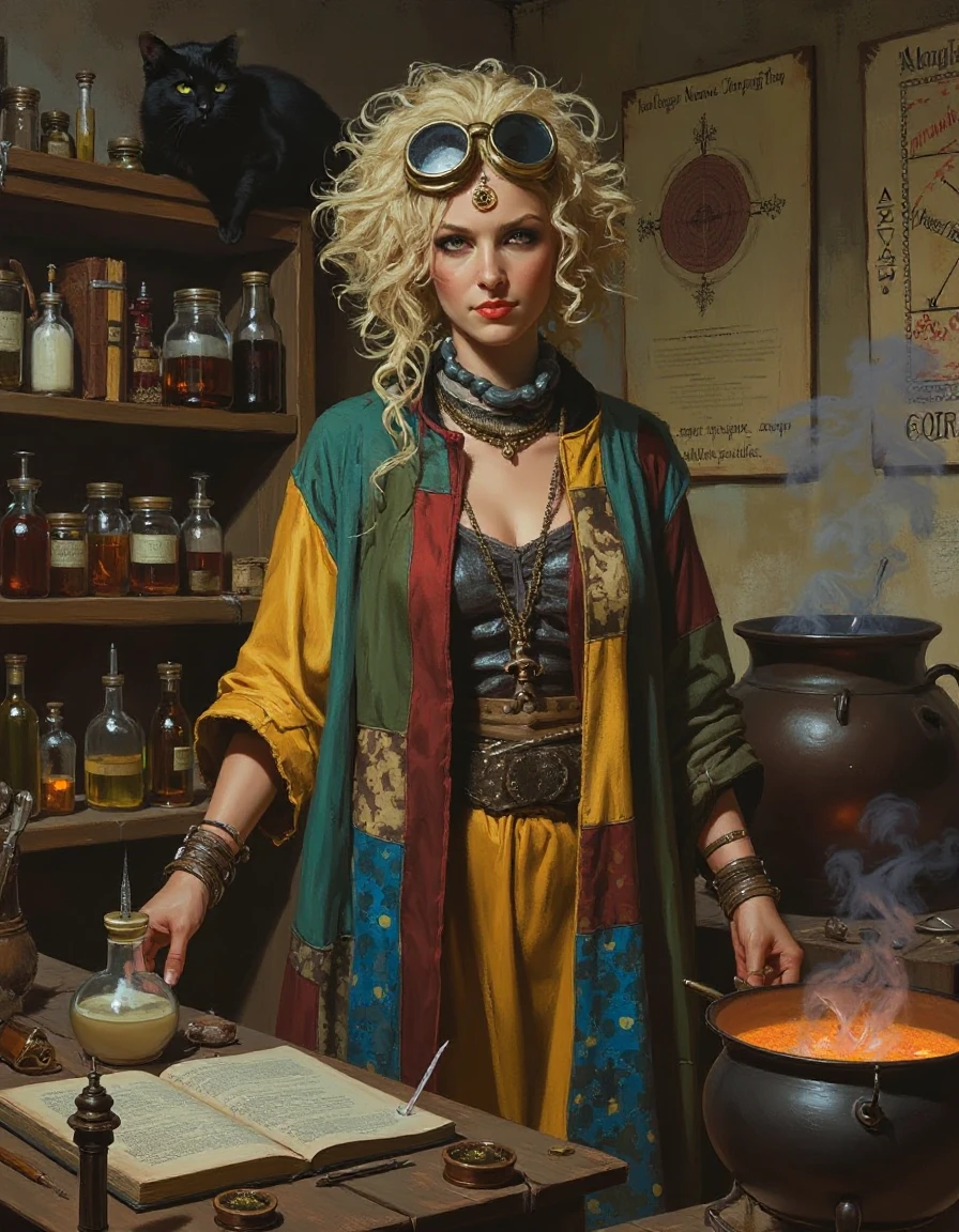 fantasy painting portrait of an eccentric female alchemist, with wild, curly hair and goggles perched on her forehead, wearing a patchwork robe with various vials and tools hanging from it. Behind her, a cluttered laboratory filled with bubbling potions, ancient books, and strange artifacts. Shelves are lined with jars containing mysterious ingredients, and a large cauldron simmers over a fire. The walls are covered in alchemical symbols and charts, and a black cat watches from a high shelf.