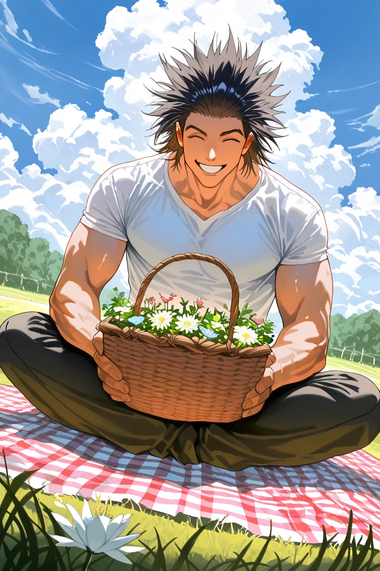realistic shading, natural lighting, expressive happy face, male focus, uvoginhxh, blackish silver_uvoginhxh_spiked hair, closed eyes, 1boy, looking at viewer, wide smile, shiny skin, holding picnic basket, flowers in picnic basket, white flower, green flower, pink flower, blue flower, red flower, shirt, pants, day outdoors park, sitting on picnic blanket, indian style, grass, cloudy sky, surreal, symbolic background, shadow, foreshortening, dutch angle, dynamic angle, dynamic action, intricately detailed illustration, cinematic, depth of field, atmospheric perspective, masterpiece, best quality, amazing quality, very aesthetic, absurdres, newest, anime screencap