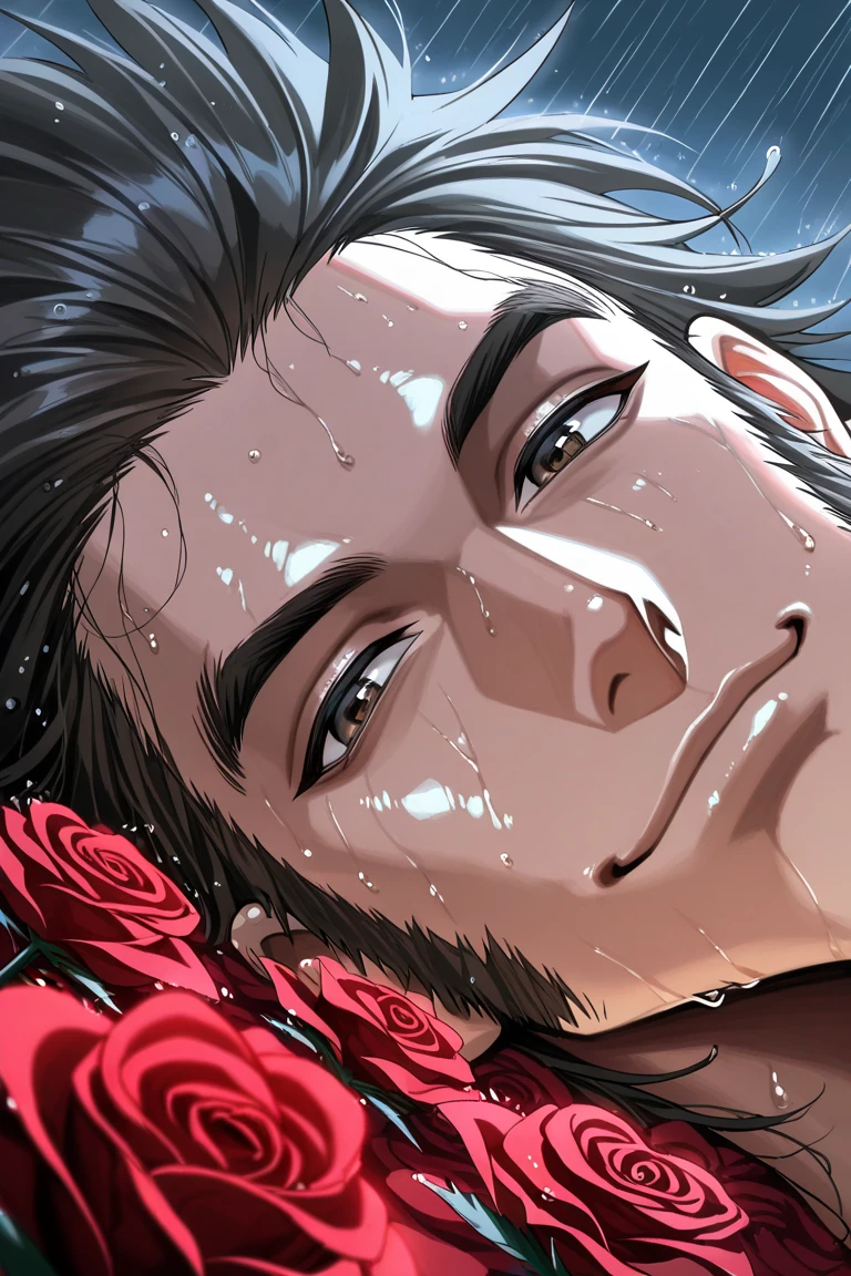 realistic shading, natural lighting, looking at viewer, expressive happy face, male focus, uvoginhxh, blackish silver_uvoginhxh_spiked hair, brown_uvoginhxh_eyes, 1boy, closed mouth smile, shiny skin, wet, lying on roses, close-up, intimatepov, beauty shot, rosebed, raining, waterdroplet, petals, surreal, symbolic background, shadow, foreshortening, dutch angle, dynamic angle, dynamic action, intricately detailed illustration, cinematic, depth of field, atmospheric perspective, masterpiece, best quality, amazing quality, very aesthetic, absurdres, newest, anime screencap