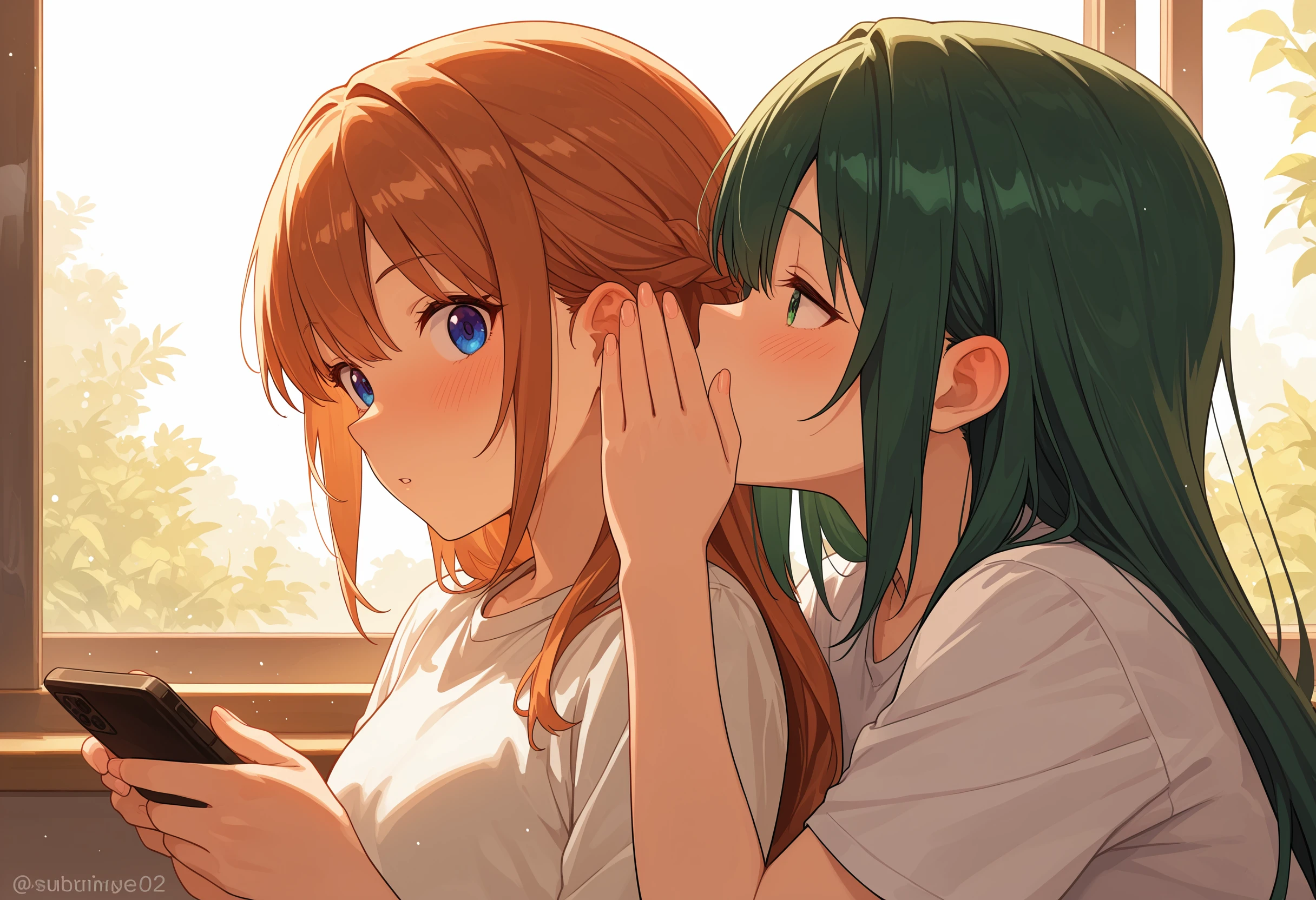 masterpiece, best quality, absurdres, safe
2girls, whispering in ear, sitting
<lora:whispering_in_ear_il_2_right_to_left:1>