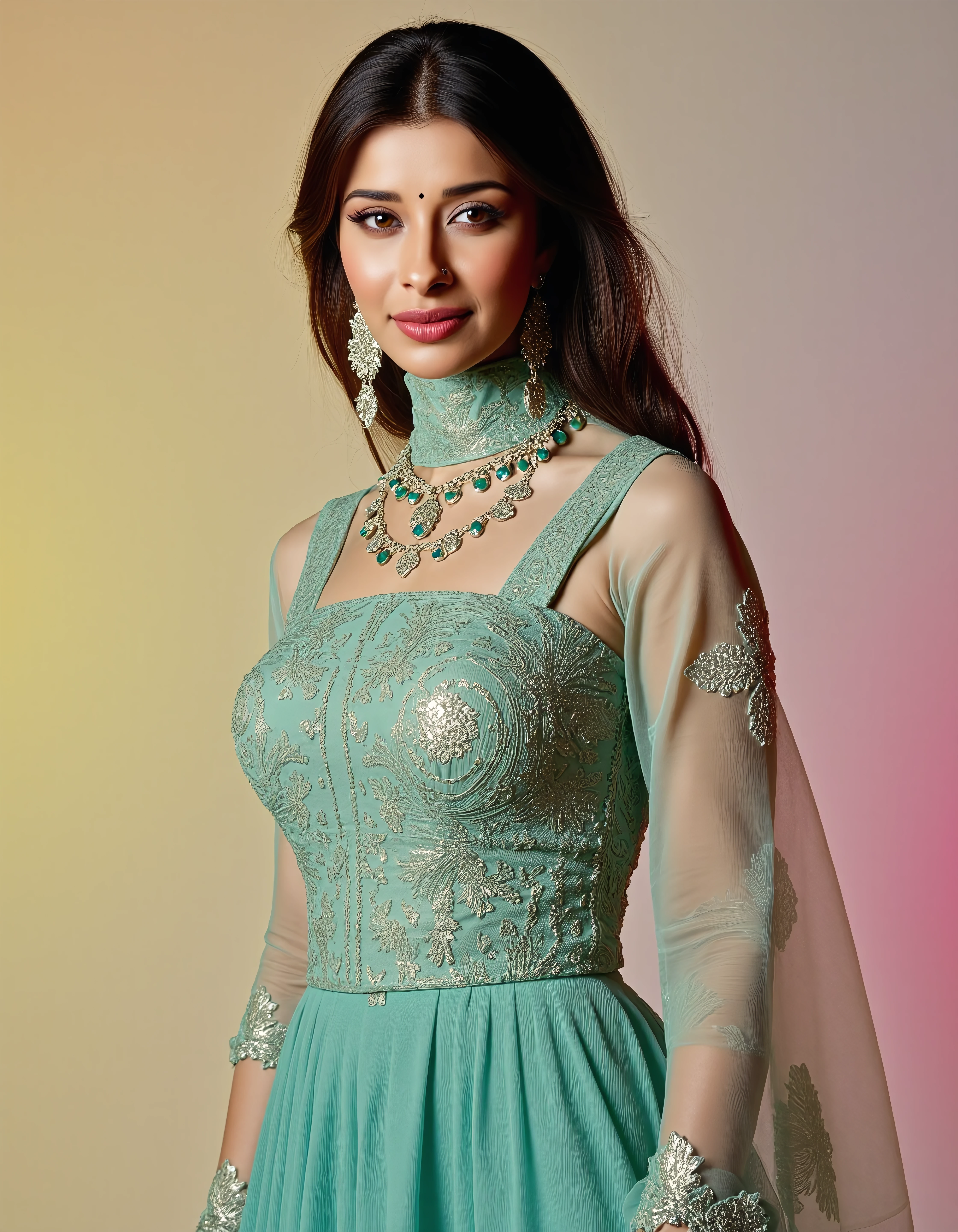 cowboy shot photo of Nyra Banerjee, hyper realistic candid photo, serious,studio quality, wearing intricate conservative turtleneck Cyan Indo-Western Gown, pixie, pastel shaded multicolored background, cinematic lighting, <lora:Nyra_Banerjee_Madhuurima_Flux_Kohya_V1:1>âââ