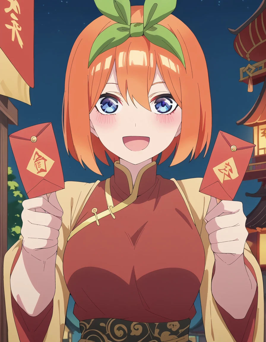 score_9, score_8_up, score_7_up, source_anime, <lora:yotsuba-nakano-s2-ponyxl-lora-nochekaiser:1>, yotsuba nakano, bangs, short hair, blue eyes, hair between eyes, hair ribbon, hairband, orange hair, green ribbon, large breasts, anime screencap, <lora:hongbao-ponyxl-lora-nochekaiser:1>, hongbao, chinese new year, good fortune symbol, holding envelope, envelope, red envelope, outstretched arm, smile, blush, outdoors, open mouth, looking at viewer,, ,
