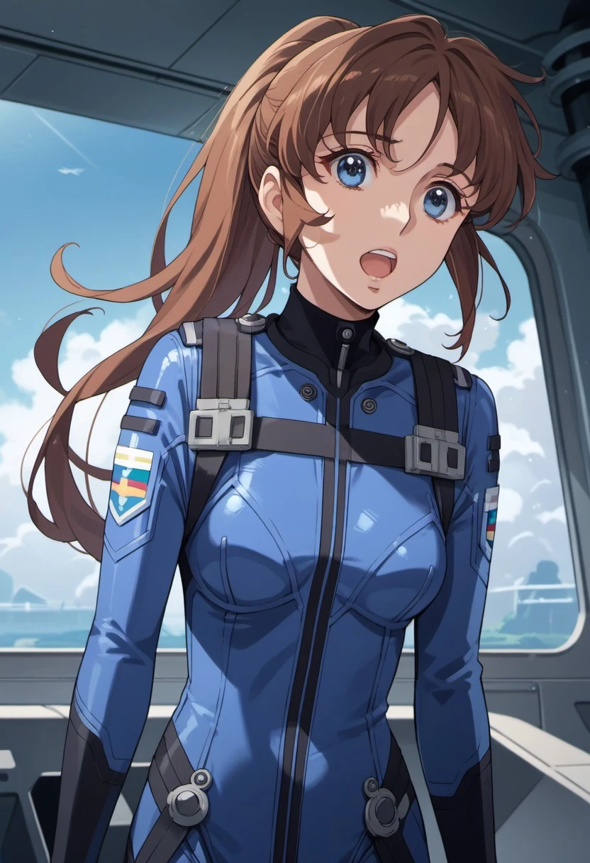 score_9, score_8_up, score_7_up, source_anime, kiryu mikage, brown hair, ponytail, long hair, blue eyes, 1girl, solo, uniform, open mouth, bodysuit, pilot suit