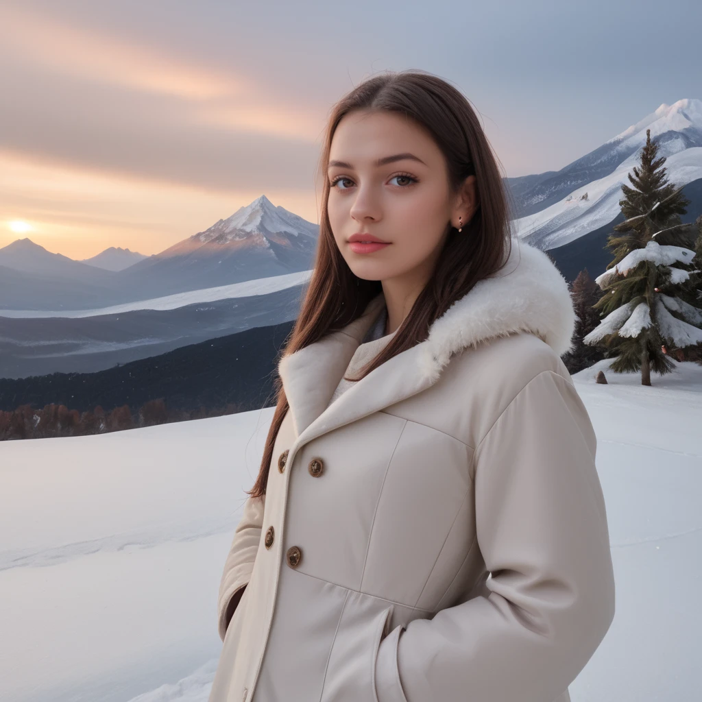 photorealism, realistic, photographic, ambient occlusion, raytracing, score_9, score_8_up, score_7_up, PolinaT, 1girl, solo, snow, hands in pockets, sky, star (sky), long hair, brown hair, mountain, winter clothes, outdoors, starry sky, tree, jewelry, coat, night, earrings, winter, brown eyes, lips, night sky, realistic, aurora, winter coat, looking at viewer, pine tree, house, fur trim <lora:Polina_Pony:1>