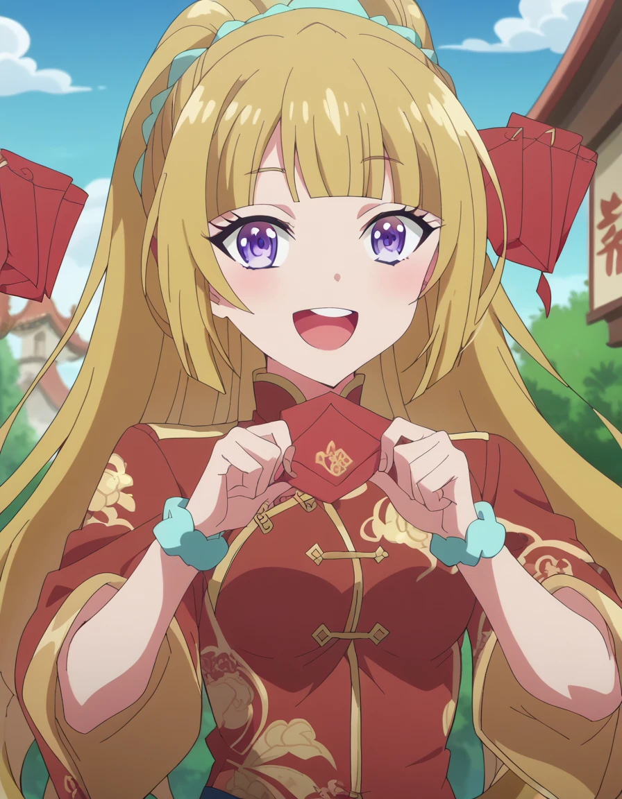 score_9, score_8_up, score_7_up, source_anime, <lora:kei-karuizawa-anime-s2-ponyxl-lora-nochekaiser:1>, kei karuizawa, long hair, bangs, blunt bangs, purple eyes, blonde hair, hair ornament, ponytail, scrunchie, blue scrunchie, medium breasts, anime screencap, <lora:hongbao-ponyxl-lora-nochekaiser:1>, hongbao, chinese new year, good fortune symbol, holding envelope, envelope, red envelope, outstretched arm, smile, blush, outdoors, open mouth, looking at viewer,, ,