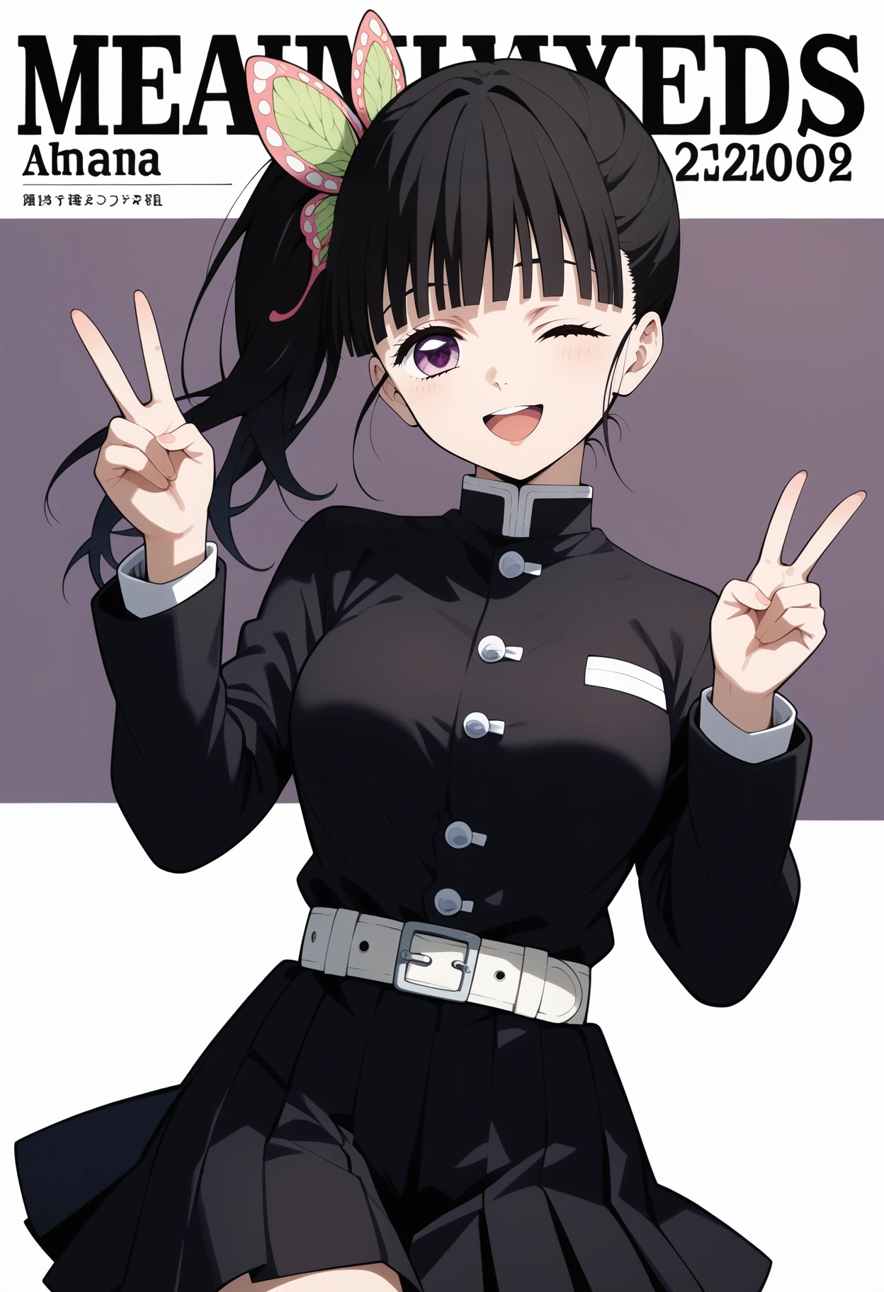 score_9, score_8_up, score_7_up, score_6_up, score_5_up, score_4_up, source_anime, aakanao, long hair, black hair, side ponytail, hair ornament, purple eyes, breasts, black shirt, long sleeves, white belt, pleated skirt, black skirt, <lora:tsuyuri_kanao_ponyxl_v1:0.9>, peace sign, one eye closed, smile, open mouth, magazine cover,