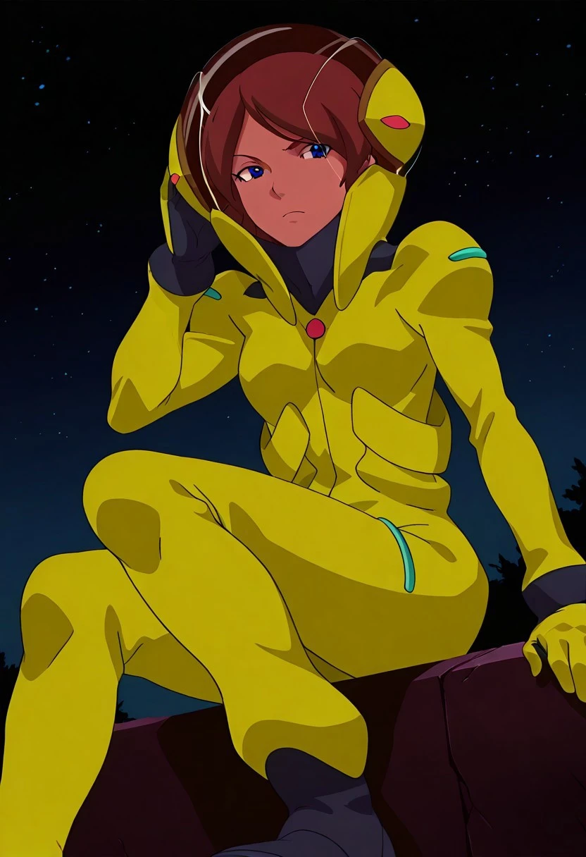 Masterpiece,best quality, anime style,source_anime,,Lessie Adonel ,space helmet, yellow pilotsuit,forset, at night,outdoor,outdoor,solo, sitting,pilotshoes