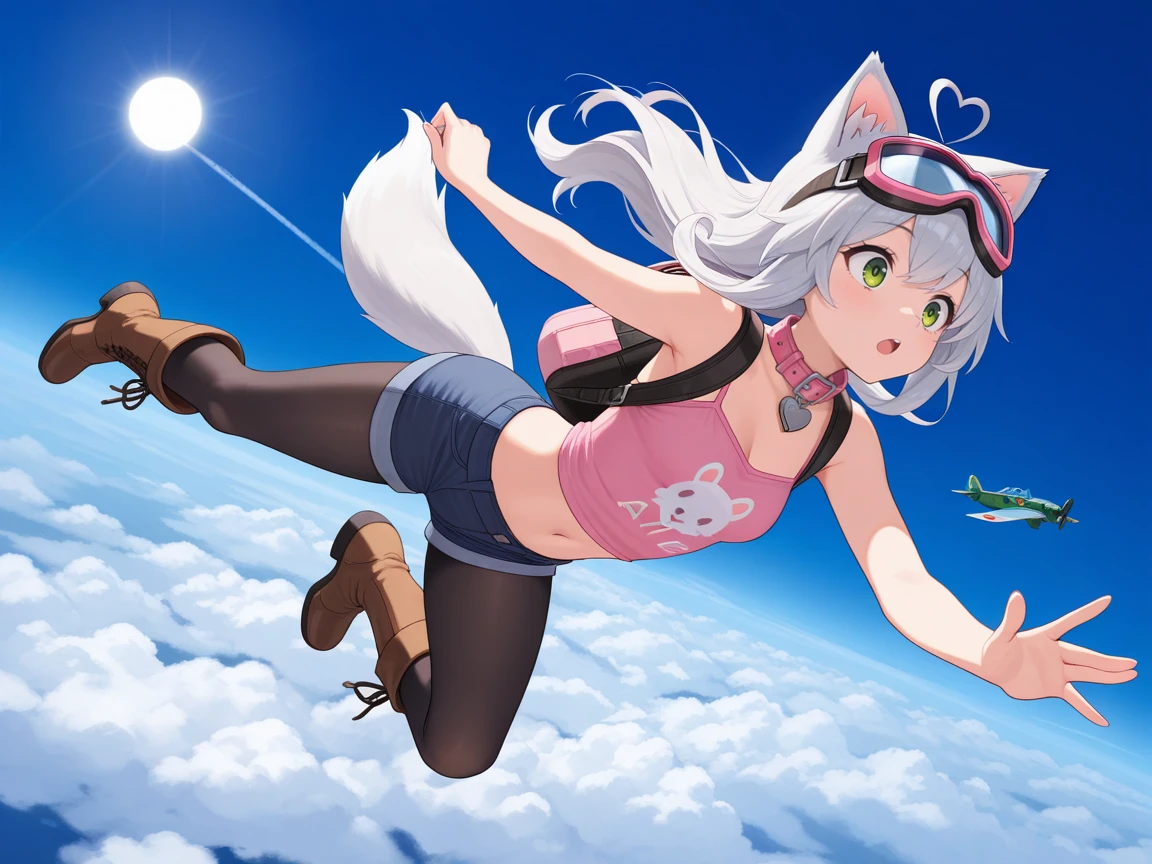 masterpiece,best quality,amazing quality, sfw, 1girl, solo, animal ears, long hair, ahoge, tail, pink collar, heart, green eyes, heart ahoge, grey hair, pink camisole, midriff, navel, shorts, black pantyhose, boots, brown boots, goggles, backpack, skydive, sky, blue sky, clouds, sun, airplane, (A girl skydiving) <lora:Kit_Illisruous:0.7>