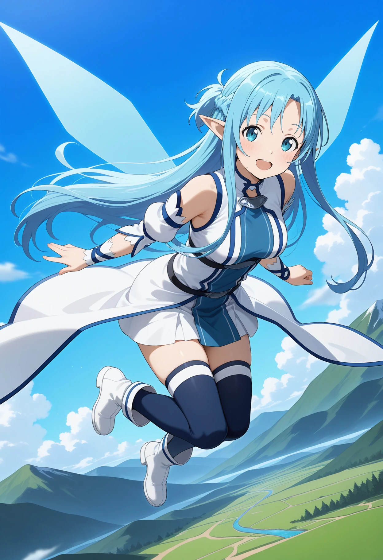 best quality, good quality, amazing quality, very aesthetic, absurdres, masterpiece, 1girl, ccasuna, long hair, blue hair, braid, blue eyes, pointy ears, medium breasts, two-tone dress, white dress, detached sleeves, blue thighhighs, <lora:yuuki_asuna_ilxl_v1:0.9>, (flying:1.1), floating, full body, boots, white footwear, fairy wings, smile, open mouth, blue sky,