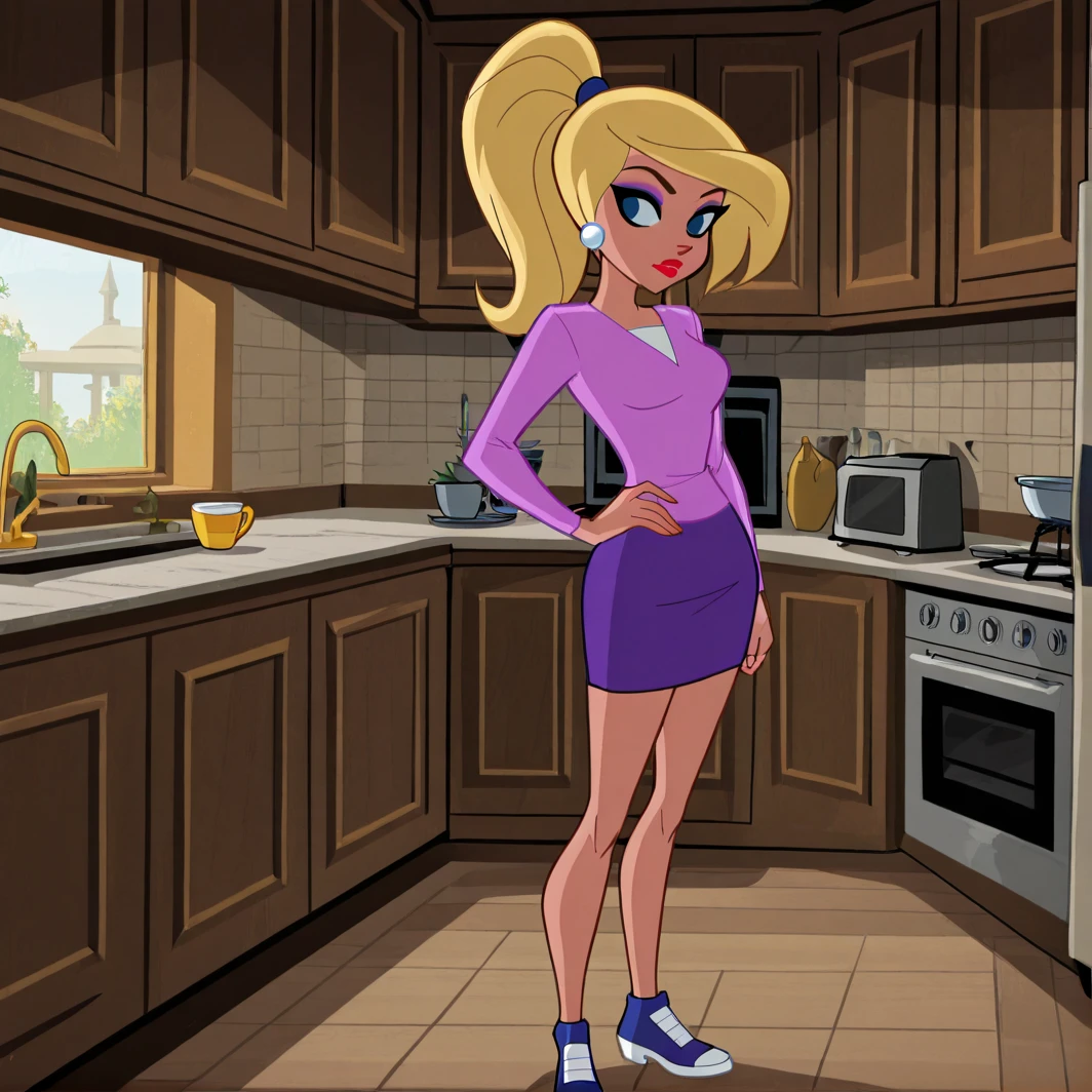<lora:stargirlillustrious:1>, (masterpiece), (best quality), (ultra-detailed), amazing quality, very aesthetic, illustration, perfect composition, intricate details, absurdres, Stargirl, 1girl, solo, long hair, blue eyes, skirt, blonde hair, shirt, jewelry, standing, ponytail, earrings, shoes, indoors, cup, hand on hip, makeup,  lipstick, purple skirt, purple shirt, kitchen, red lips