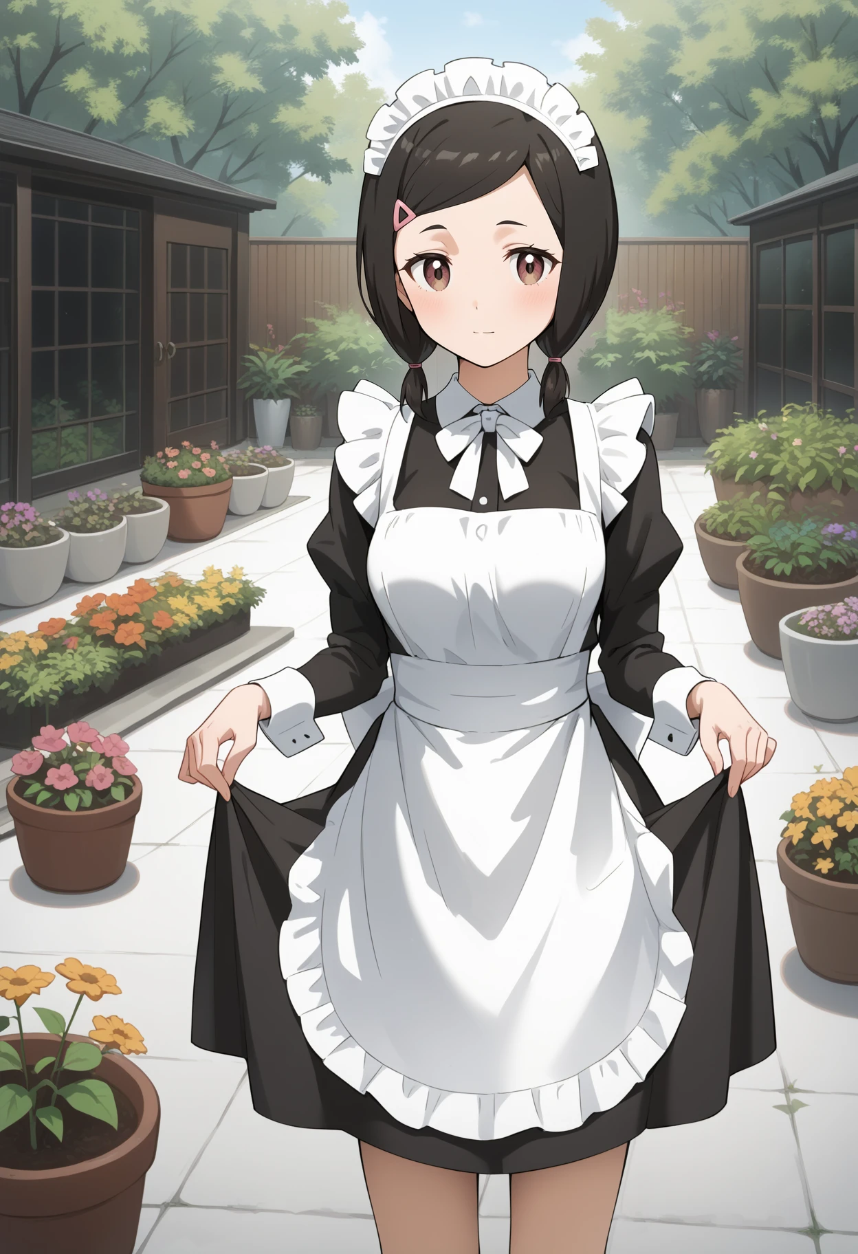 score_9, score_8_up, score_7_up, score_6_up, score_5_up, score_4_up, source_anime, aachisato, black hair, short twintails, low twintails, swept bangs, hair ornament, hairclip, brown eyes, medium breasts, <lora:fujii_chisato_ponyxl_v1:0.9>, garden, standing, cowboy shot, maid, maid headdress, skirt hold, curtsey, zettai ryouiki,