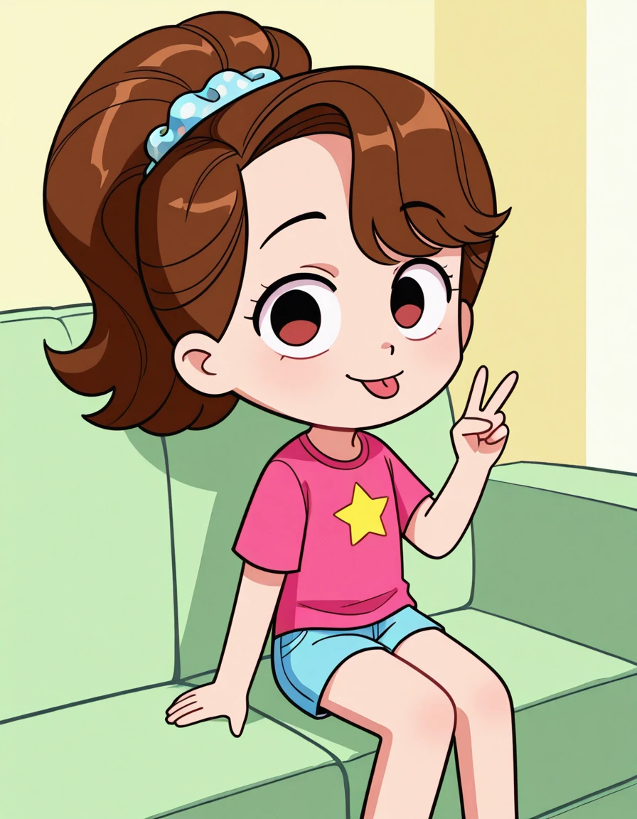 looking at viewer, sitting on a sofa, smile, <lora:Madeline_Delaire_Emmy_The_Robot_IL:1> , madelinedelaire, blue shorts, pink shirt, star on shirt, scrunchie, brown hair, ponytail, chibi, solo, tongue out, v sign,, score_9, score_8_up, score_7_up, cute,
