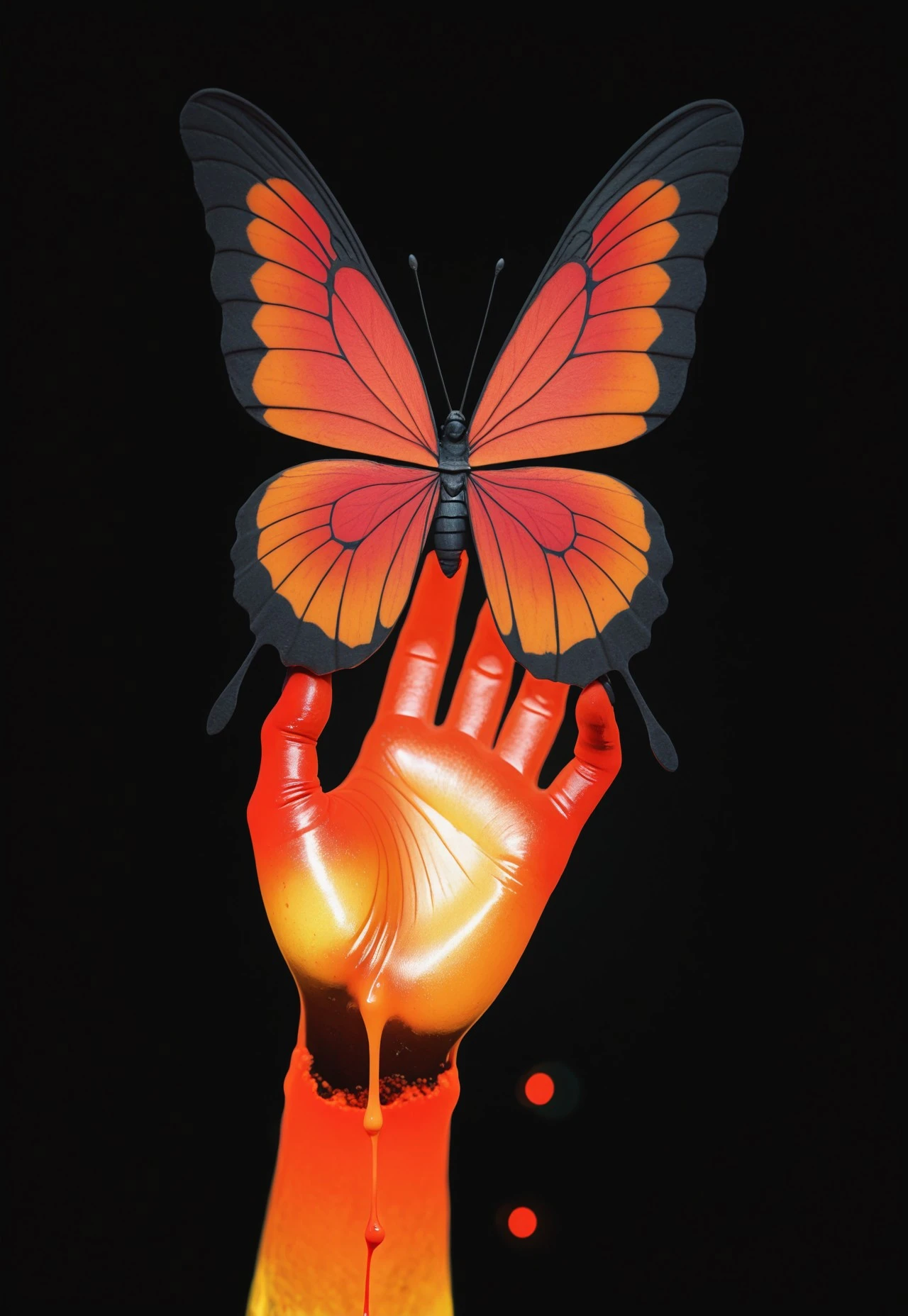 masterpiece, very aesthetic, best quality, absurdres, V3RS4R34L,vibrant orange Bleeding Hearts flowers and glowing red butterflies against a pitch-black background Painterly, surreal, vibrant glow, bokeh, 8k,