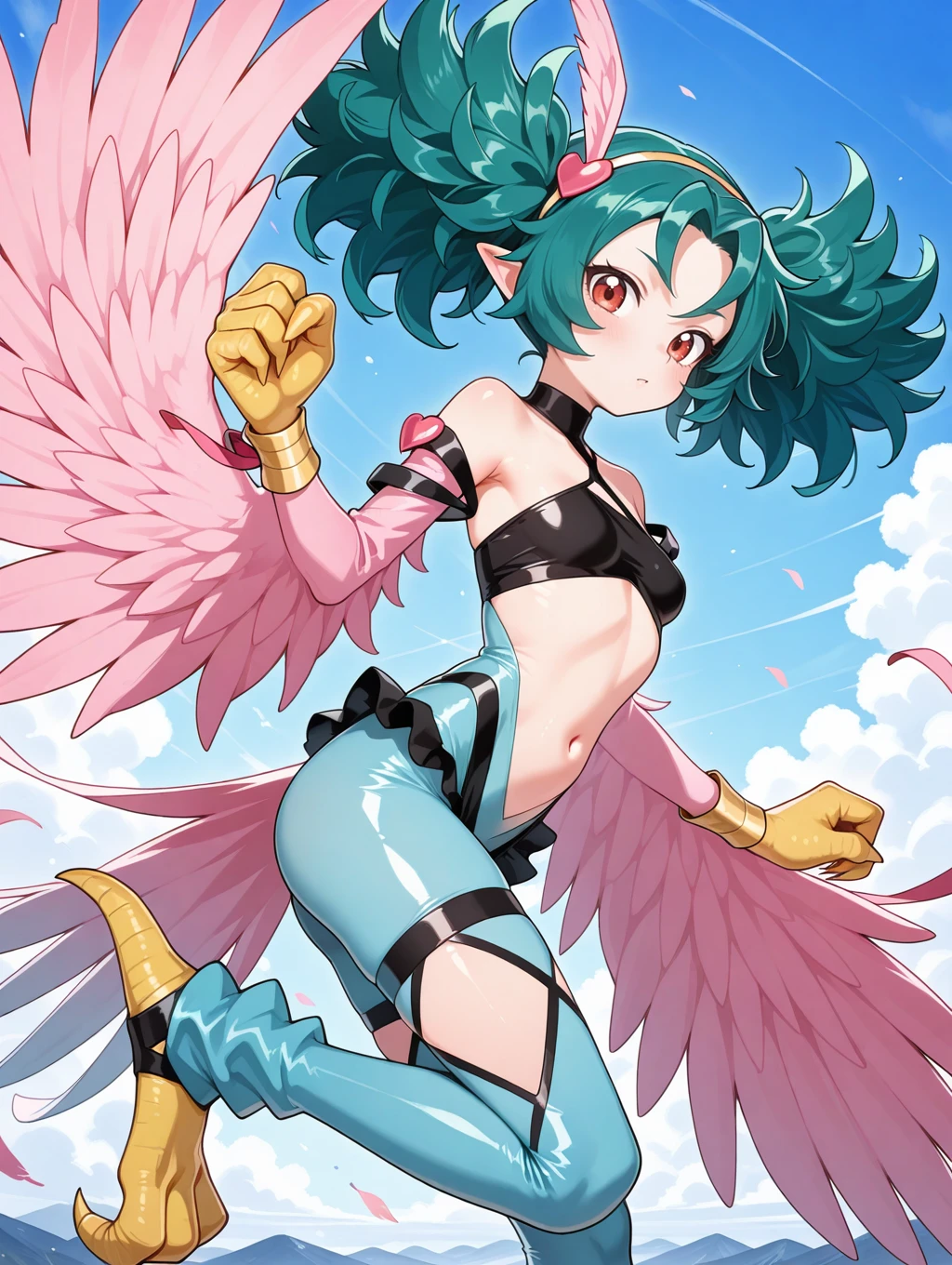 1girl, solo, harpy, red eyes, heart hair ornament, small breasts, from side, navel, talons, midriff, looking at viewer, cyan bird tail, harpie carla, pink winged arms, blue revealing clothes, animal hands, cyan pantyhose, mountain
masterpiece,best quality,amazing quality,very aesthetic,absurdres,newest,doge,<lora:Harpie Cielo, Cielo & Regina illuXL v1:0.7>,