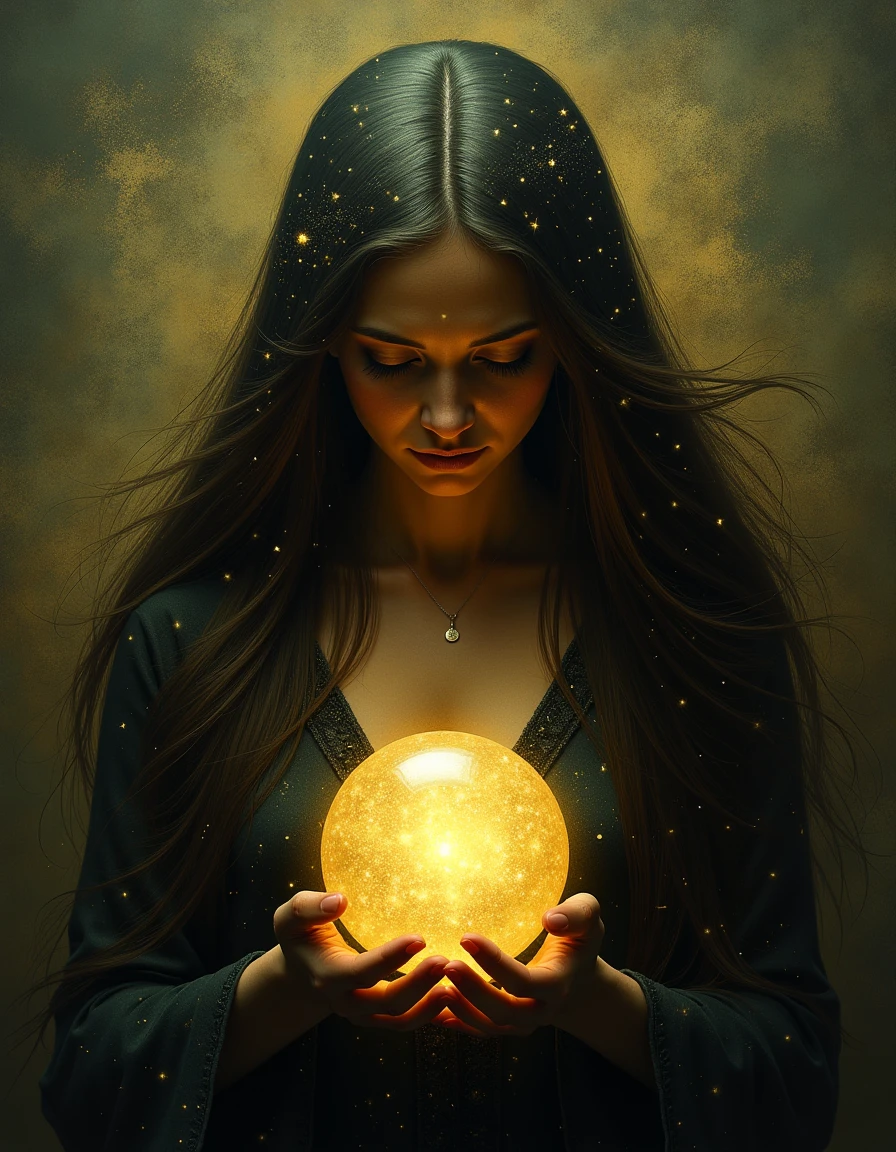 0n1r1c A woman with long, flowing hair made of stars holding a glowing glass orb in her hands
<lora:oniric-style:1.0>