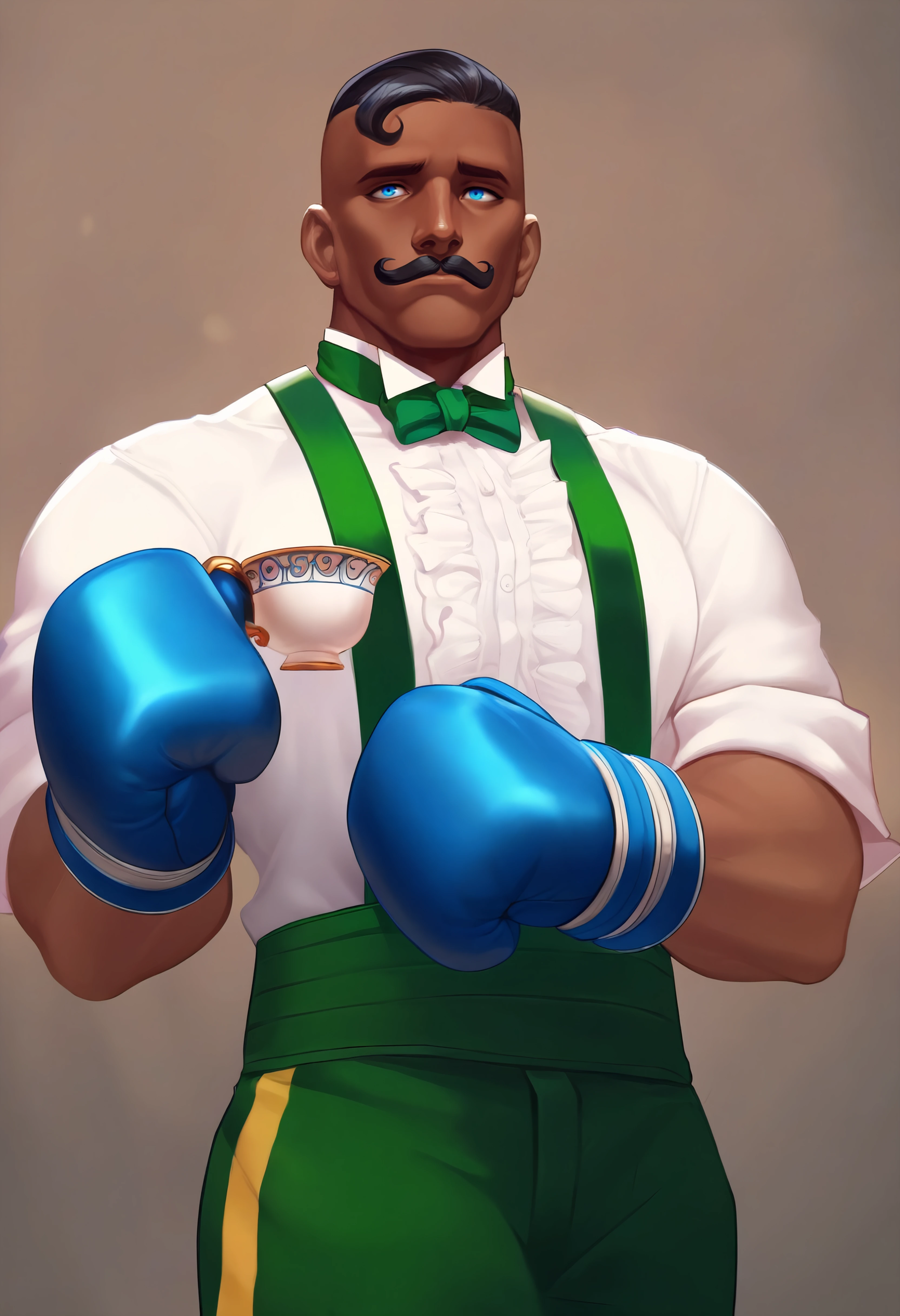 masterpiece, best quality, absurdres, 1boy, ddlyn11,mustache, dark-skinnned male, black hair, short hair, blue eyes, white shirt, collared shirt, green suspenders, green bowtie, blue gloves, boxing gloves, green pants, striped pants,holding teacup <lora:ddly_n11:0.8>