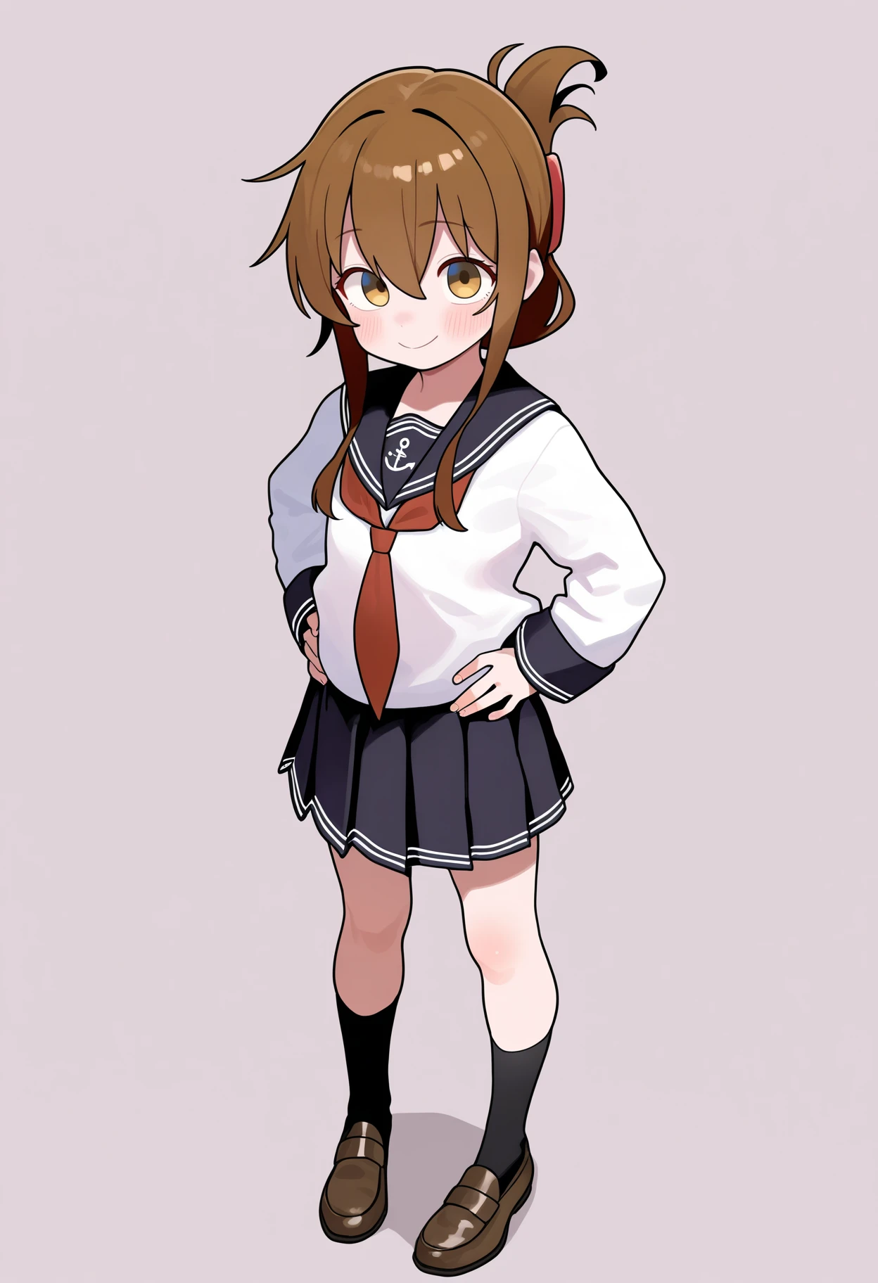 best quality, amazing quality, very aesthetic, absurdres,
1girl, inazuma \(kancolle\), brown hair, folded ponytail, long hair, brown eyes,
anchor symbol, black sailor collar, long sleeves, neckerchief, school uniform, serafuku, pleated skirt, black skirt, black socks, loafers,
hands on hips, smile, full body,
solo, looking at viewer, simple background, white background, <lora:InazumaNoobXL_byKonan:1>