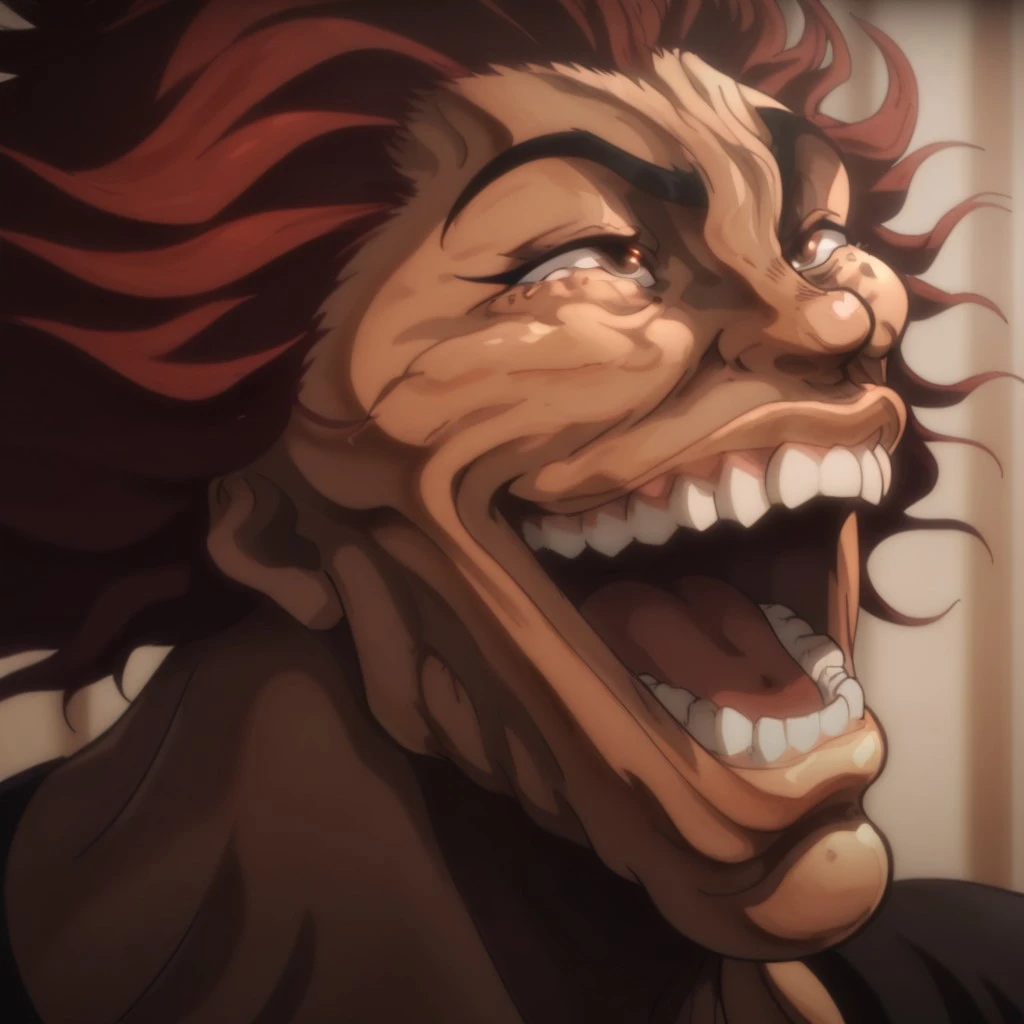 masterpiece, best quality, newest, absurdres, highres, anime, anime style, Yujiro-Hanma-IL.V1.0, Thick eyebrows, red hair, muscular, muscular male, brown eyes, pants, shirt,
YujiroLaughIL-V1.1, smile, teeth, grin, open mouth, laugh,