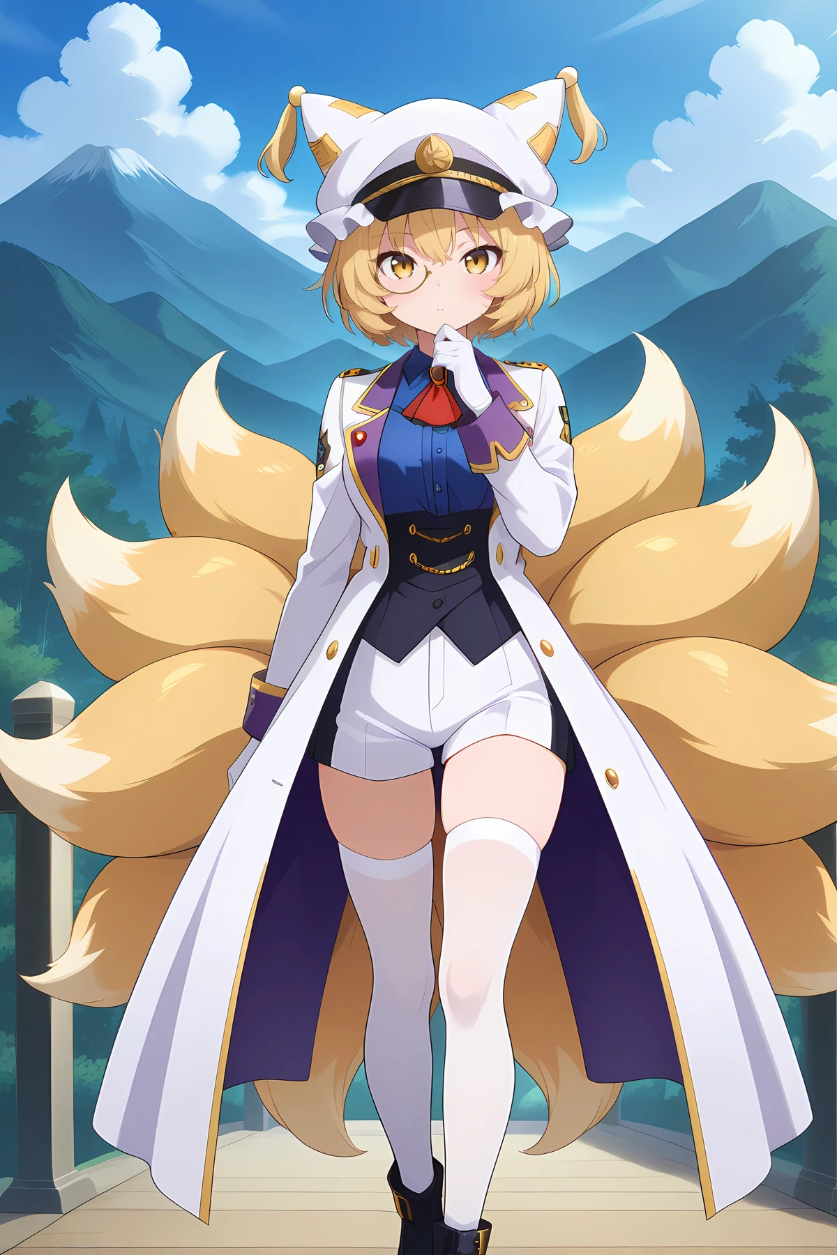 absurdres, highres, masterpiece, best quality, amazing quality, official anime artwork, screencap, anime screencap, outdoors, looking at viewer, mountains, 
 <lora:Yakumo-Ran_Illustrious:1> yakumo ran, 1girl, solo, yellow eyes, blonde hair,  short hair, multiple tails, fox tail, fox ears,, 
yakumo ran \(elegant vice president\), alternate costume, black footwear, blue shirt, coat, gloves, hat, peaked cap, long sleeves, mob cap, monocle, shirt, blue shirt, shorts, two-tone shorts, white shorts, blue tone, thighhighs, white coat, white gloves, white headwear, white thighhighs,
