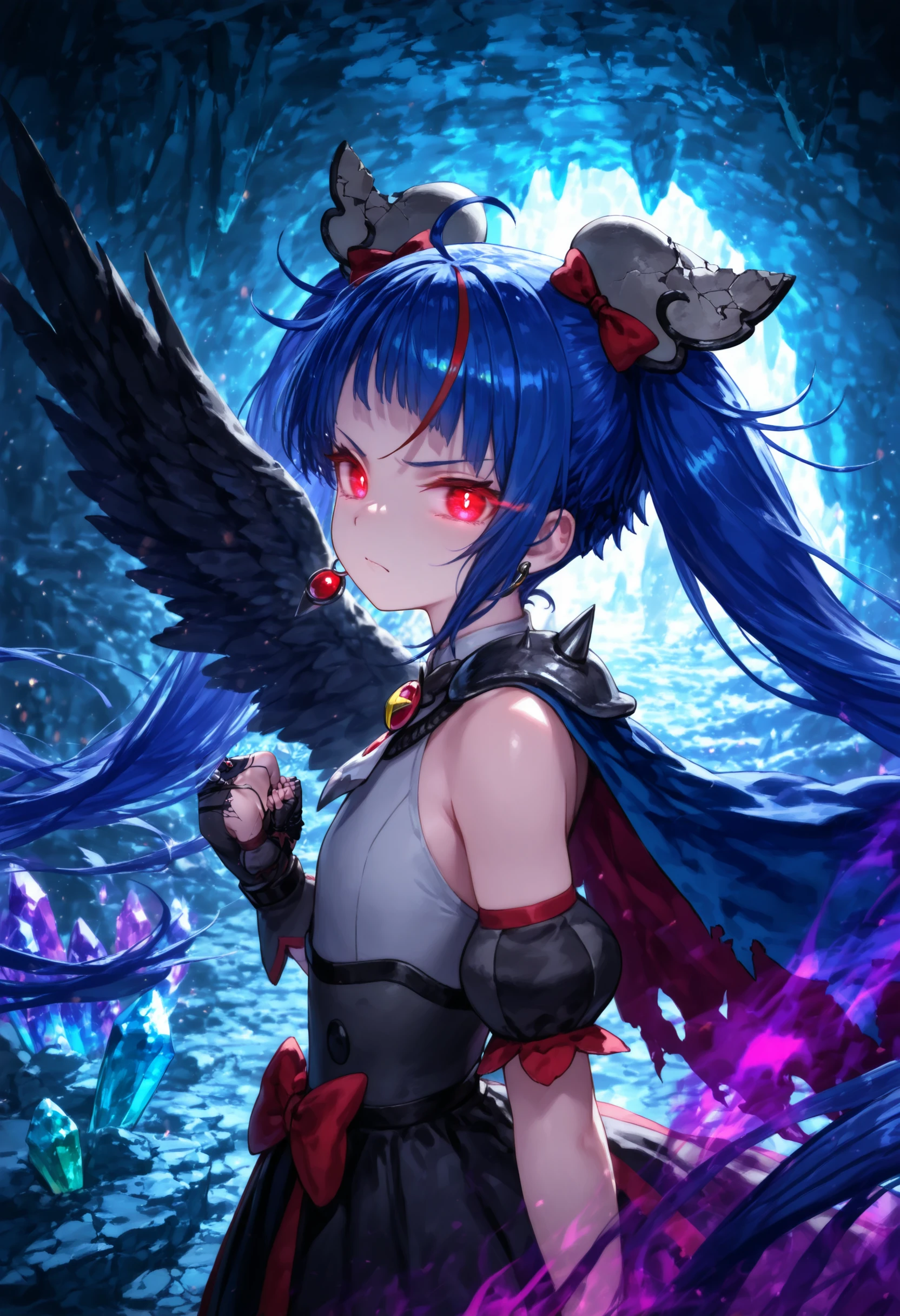 1girl, curesky-dark, general,
broken hair ornament, single earring,
brooch, grey dress, puffy detached sleeves, single wing, bare shoulders, spikes, torn cape,
black fingerless gloves,
black skirt, red bow,
flat chest, dark blue hair, twintails, very long hair,
red eyes, glowing eyes:1.1,
serious:1.1, closed mouth, looking at viewer,
upper body, from side:1.1, dutch angle,
standing, clenched hands:1.2,
(dark aura), wind, floating hair,
(dungeon, crystal, crystal stone:1.1, broken glass, dark, cave, fantasy, panorama),
masterpiece, best quality, amazing quality, newest
<lora:ill_curesky-dark:1>
