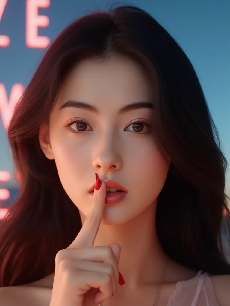 (text "Buzz Me Please" in sky:2.2),There are wonderful studio lights and various reflections,
girl her face is very delicate,blushing and female orgasm,skin naturally showing the texture of blood vessels and detailed pale skin,
<lora:zhangbz_f1_epoch_6:1>,Cecilia Cheung,
<lora:flux_realism_lora:0.8>,A striking portrait of a supercute Asian model with stunning features,giving a bold and confident expression. Her long,glossy black hair cascades in soft waves around her face,highlighting her flawless,glowing skin. She has bright,expressive eyes framed by long lashes,and her lips are full and slightly parted,emphasizing her natural beauty. The model is holding her finger up to her lips in a playful yet defiant gesture,with her manicured nails painted a vibrant red. The lighting is bright and clean,casting a soft glow on her face,enhancing her delicate features. The overall mood is both daring and elegant,blending a sense of beauty with an edgy attitude,A soft erotic atmosphere,the light evokes sexual desire.,