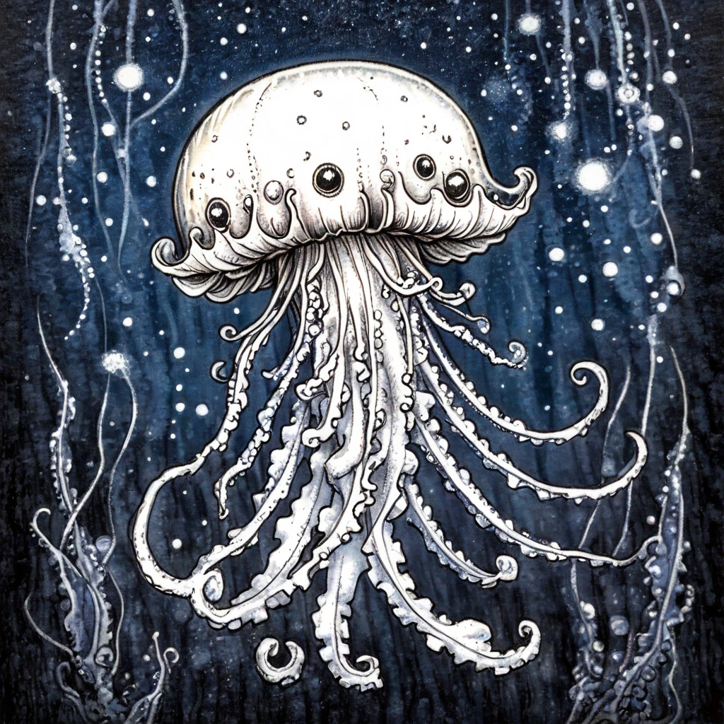 ArsMJStyle, Whimsical Mechanica, Line Drawing, The image is a black and white illustration of a jellyfish. The jellyfish has a round body with a flat top and long tentacles extending outwards from its body. The tentacles are long and slender with small dots scattered throughout. The body of the jellyfish appears to be covered in small bumps and ridges giving it a textured appearance. The background is a dark blue with small white dots scattered across it creating a starry night sky. The overall mood of the image is peaceful and serene., no humans, tentacles, traditional media, jellyfish, monster, monochrome, full body <lora:Whimsical_Mechanica_Line_DrawingSDXL:1>