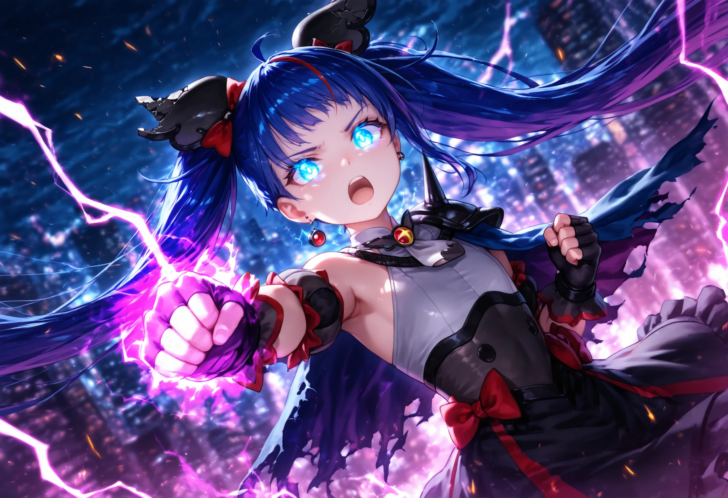 1girl, curesky-dark, general,
broken hair ornament, single earring,
brooch, grey dress, puffy detached sleeves, single wing, bare shoulders, spikes, torn cape,
black fingerless gloves,
black skirt, red bow,
flat chest, dark blue hair, twintails, very long hair,
blue eyes, glowing eyes,
serious, open mouth, upper teeth, looking at viewer, aiming at viewer:1.3,
upper body, dutch angle,
standing, fighting stance, attack:1.3, punching:1.3, reaching towards viewer, clenched hands, glowing hand, reaching,
(powering up:1.2, dark aura:1.5, dark effect:1.5, electricity:1.2, sparks:1.2, black lightning:1.2), wind, floating hair,
(dark theme:1.2, cityscape, night, night sky), blurry background,
masterpiece, best quality, amazing quality, newest
<lora:ill_curesky-dark:1>