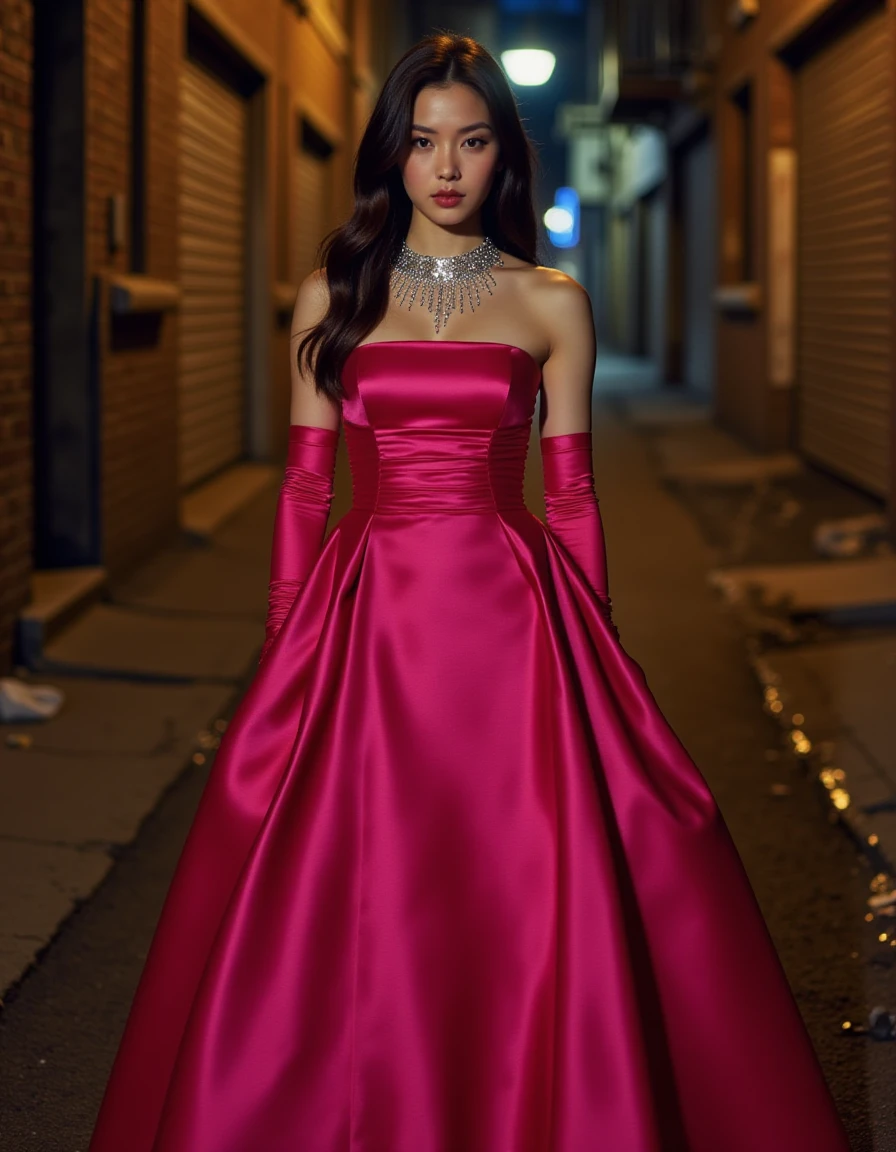 detailed full body photo of a young woman in dirty dark New York city alley at night. Wet streets, trash, dim lights <lora:kfdress-flux-000012:1> kfdress, pink satin ball gown, long opera gloves