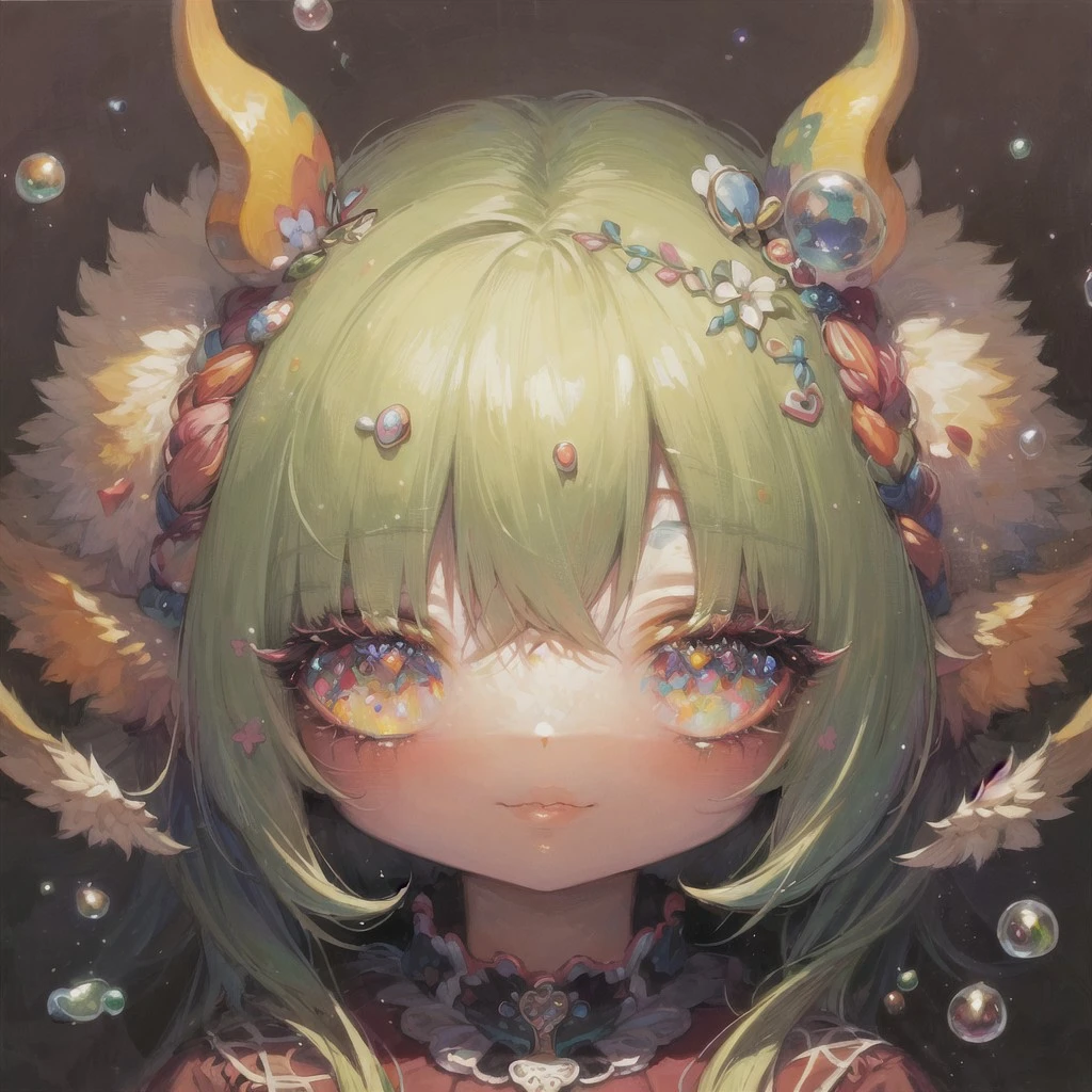 (masterpiece, top quality, best quality, official art, beautiful and aesthetic:1.2), W31RDD0LL, an acrylic painting of a woman's head, white skin, one eye, pink and cyan freckles, green lips, yellow hair, insect wings, tentacle arms, leggings, colorful, bubbles <lora:W31RDD0LL:1.0>