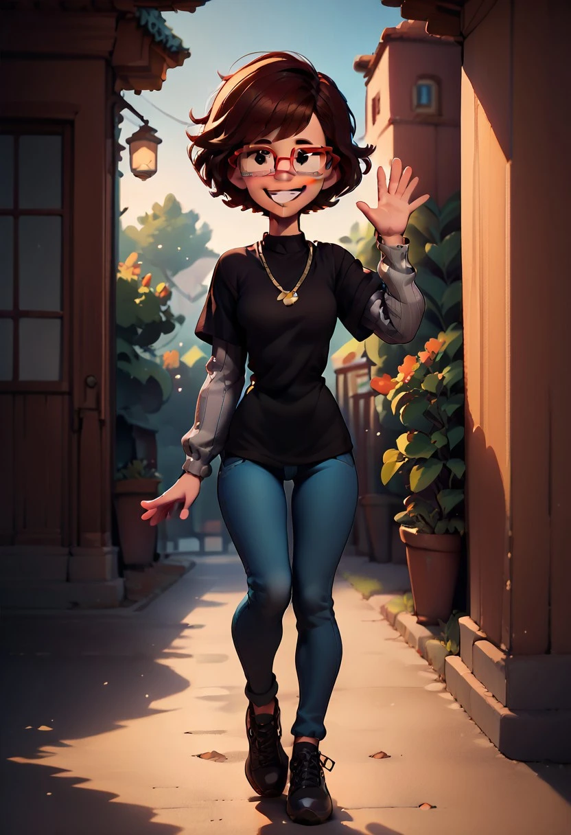 score_9_up, score_9, score_8_up, score_8, score_7_up, score_7, score_6_up, score_6, source_cartoon, cartoon, tbp, toonification, toon, exaggerated, cartoon gloves, bubble eyes
StoryboothAnna, 1girl, red-framed eyewear, glasses, short hair, brown hair, dot eyes,
necklace, black shirt, long sleeves, grey sleeves, layered sleeves, short over long sleeves, blue pants, black footwear
outdoors, waving, smiling, teeth, looking at viewer