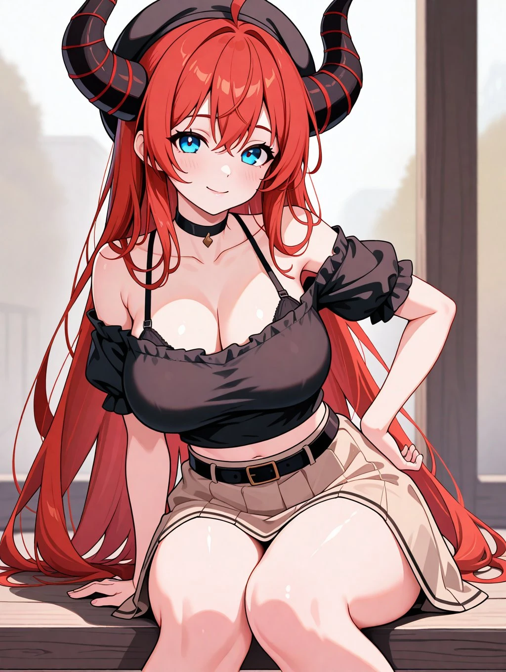 Red hair,smug face,first round,High School DxD style,big breasts,ruffle dress,black clothes,provocative smile,Gothic Lolita,parted bangs, twin drills,