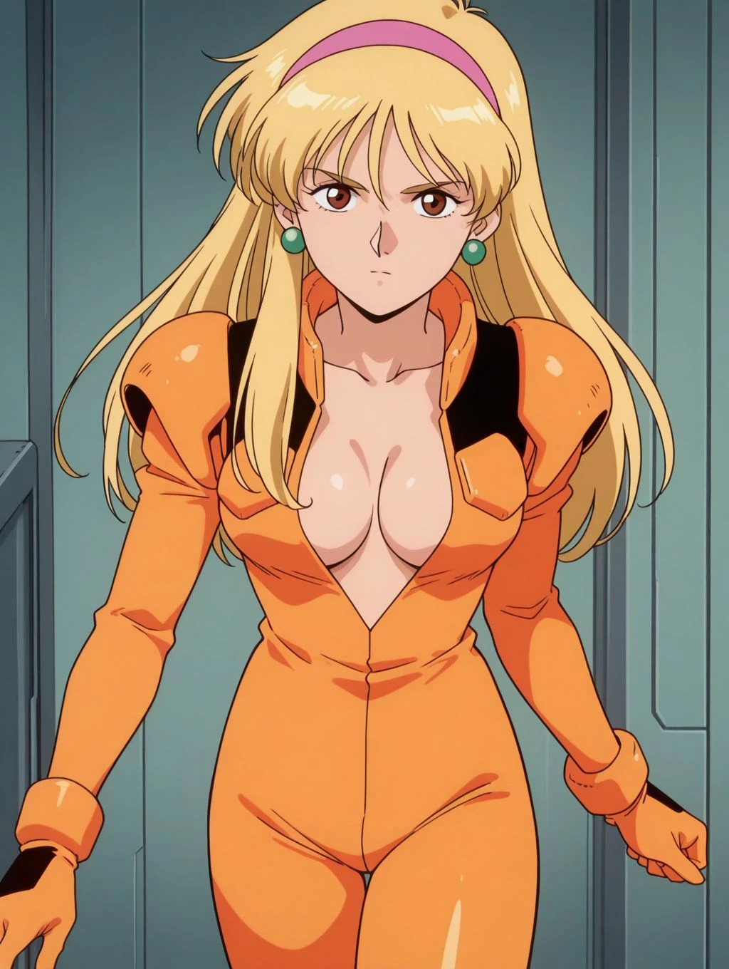 masterpiece, best quality, newest, absurdres, highres, detailed eyes, beautiful, detailed background, perfect eyes, anime coloring, anime screencap, 1990s \(style\), 1girl, solo, katejina loos. blonde hair, long hair, pink hairband, brown eyes, medium breasts, earrings, mecha pilot suit, orange bodysuit, open bodysuit, cleavage, long sleeves, orange gloves, looking at viewer, serious, (indoors) <lora:katejina_gdmv_pony-08:0.8>