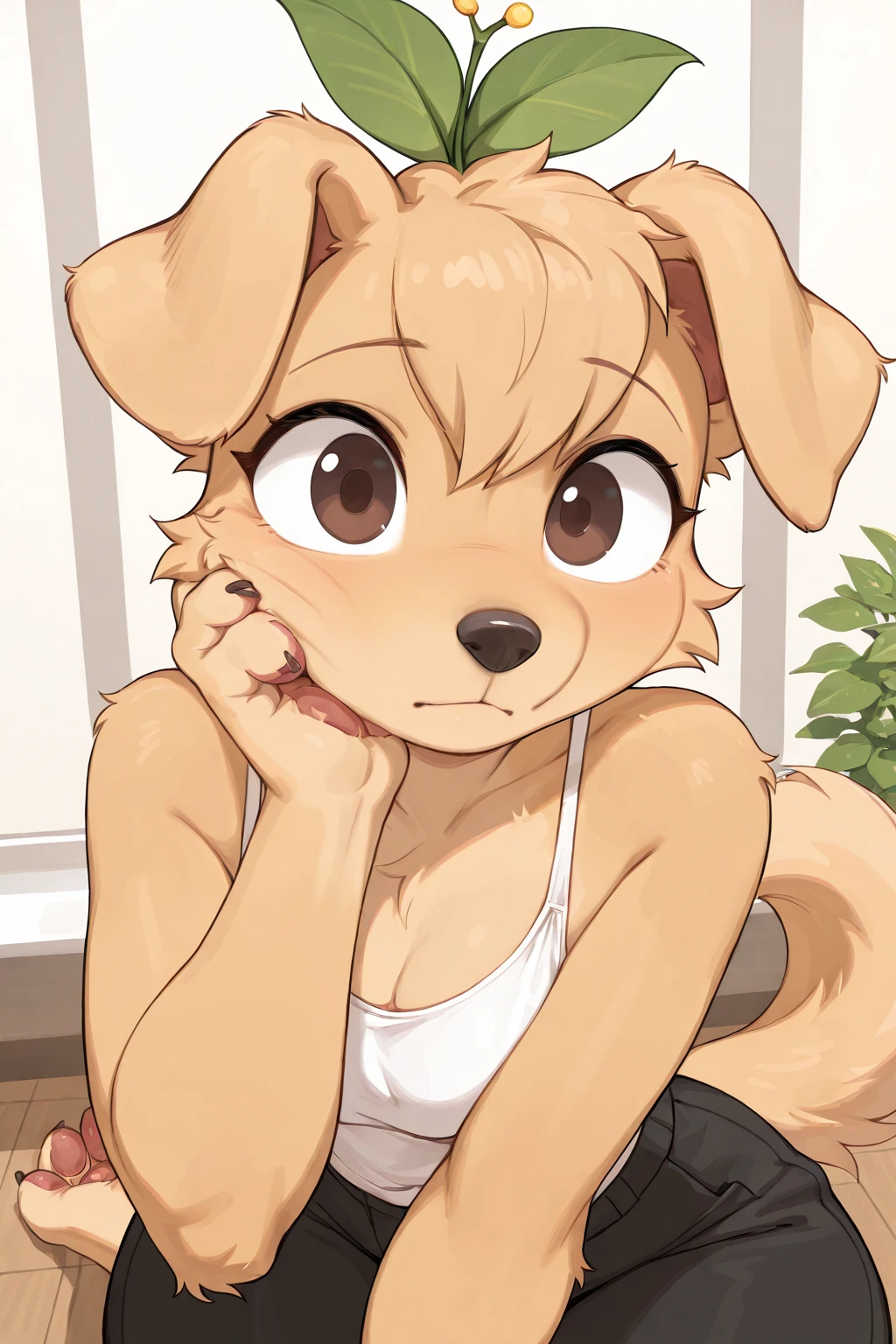 masterpiece, high quality, best quality, hi res, digital media \(artwork\), <lora:Berri-Illus:0.8>, golden retriever, female, anthro, tan body, tan fur, plant on head, brown eyes, bangs, dog girl, canine, cheek tuft, floppy ears, paws