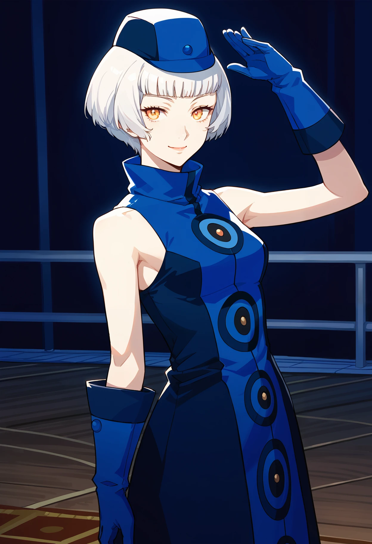 score_9, score_8_up, source_anime,
(masterwork, masterpiece, best quality, hyper-detailed :1.1),
1 girl, solo,
p3elizabeth, short hair, bob cut, white hair, blunt bangs,
p3elizabeth-dress, hat, sleeveless dress, blue dress, bare shoulders, gloves, blue gloves, pantyhose, black pantyhose,
cowboyshot, looking at viewer, faint smile, dancing,