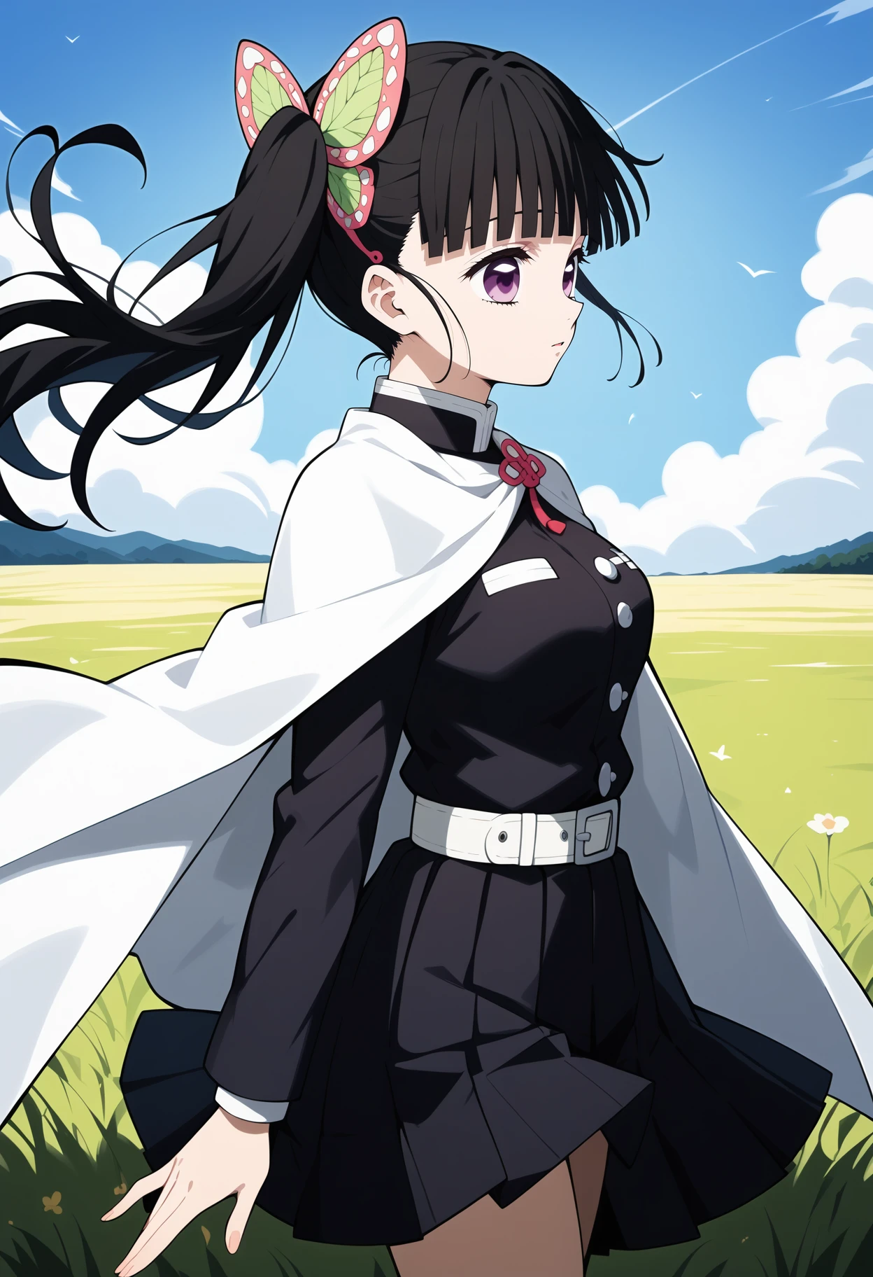 score_9, score_8_up, score_7_up, score_6_up, score_5_up, score_4_up, source_anime, aakanao, long hair, black hair, side ponytail, hair ornament, purple eyes, breasts, white cape, black shirt, long sleeves, white belt, pleated skirt, black skirt, <lora:tsuyuri_kanao_ponyxl_v1:0.9>, field, standing, cowboy shot, from side, wind, floating hair,