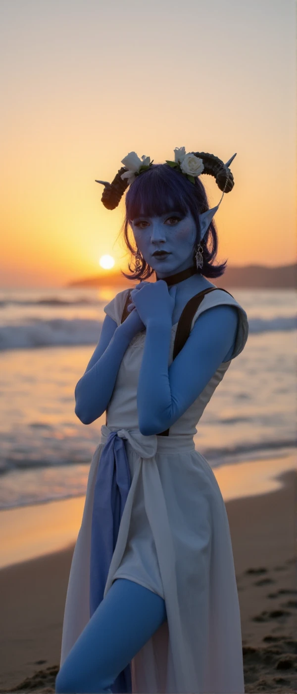 <lora:Jester_Lavorre:0.9> jester lavorre, full body, a woman with a blue colored skin and pointy ears and horns. She wears a dress. she poses on the beach at sunset