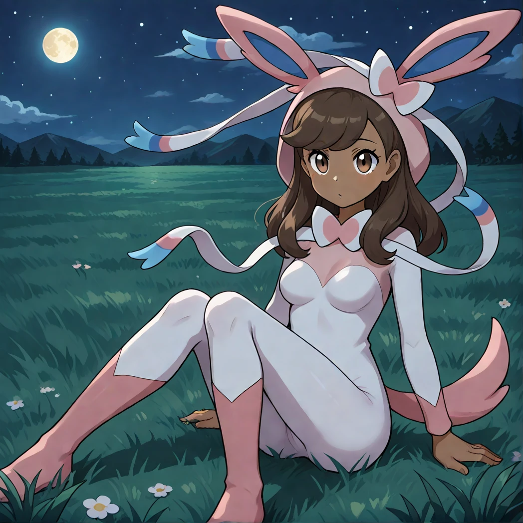 1girl,solo, sitting ,night, night_sky, moonlight, meadow, medium_breasts, (((sylveon_\(cosplay\)))), pink onesie, pink hood, fake animal ears, pink socks, (best quality),furiblossom, long_hair, brown_hair, dark_skinned_female, brown_eyes