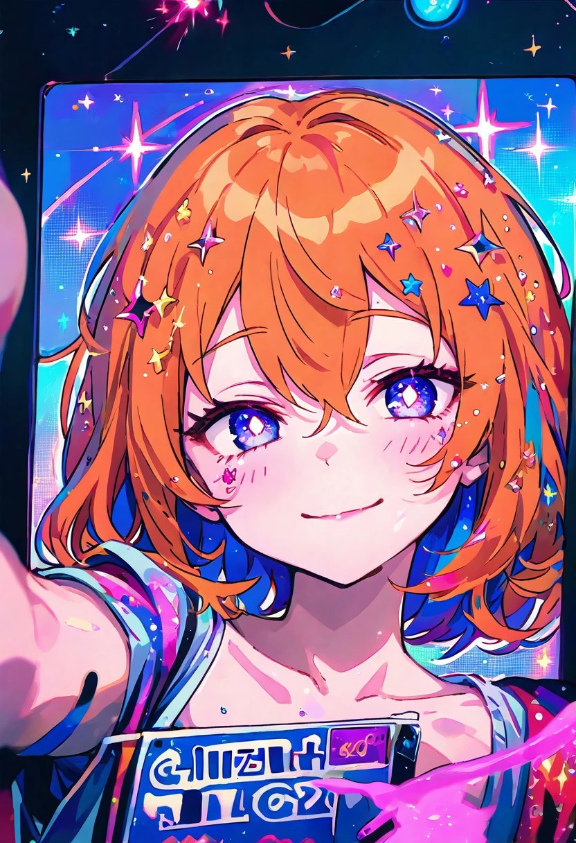LOVELYWAIFU_ST, NTLANM_STL, detailed background,
1 girl, selfie, ginger hair, smile, glitter, gothic fashion, white and blue, glow, beautiful, detailed faces, pop background, geometric background, stickers, stickers, cute design, photo album style, decorated picture, soft rendering,eyes slightly darker than hair,white pupils,blush,glitter in hair,glitter on clothes and body,glossy,soft rendering in hair,blush,tiny stars In hair,