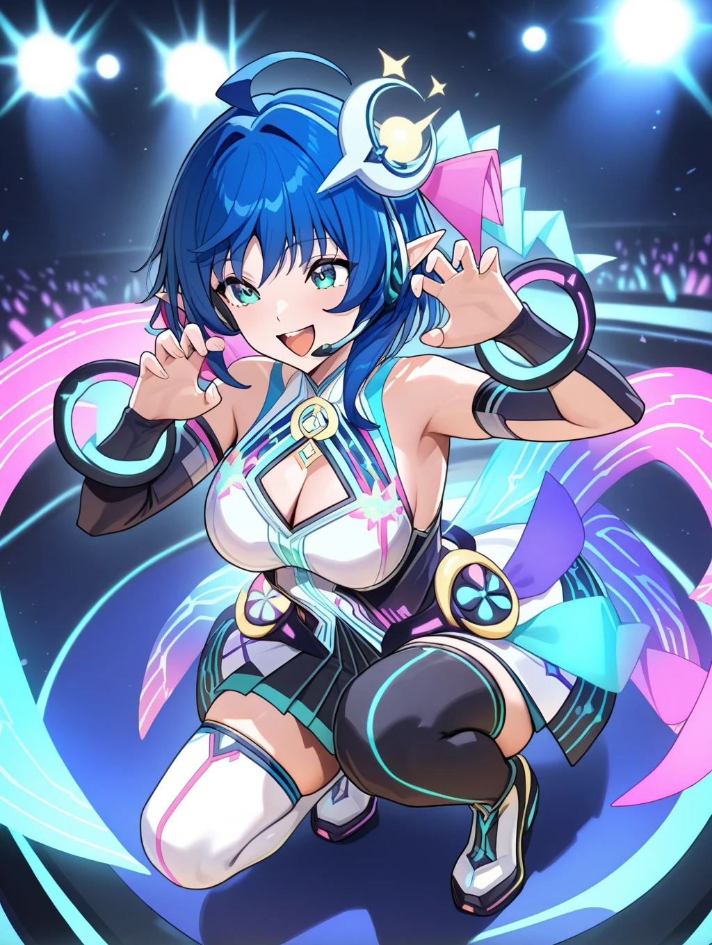 perfect quality,best quality,absolutely eye-catching,ambient occlusion,raytracing BREAK
1girl,<lora:rena utahime IL v1.1:0.9>,utahime,blue hair,hair ornament,pointy ears,cleavage cutout,detached sleeves,asymmetrical legwear,headset,stage,stage lights,white thighhighs,black thighhighs,, panorama,upper_body,the_pose,claw_pose,arm_at_side,squatting,